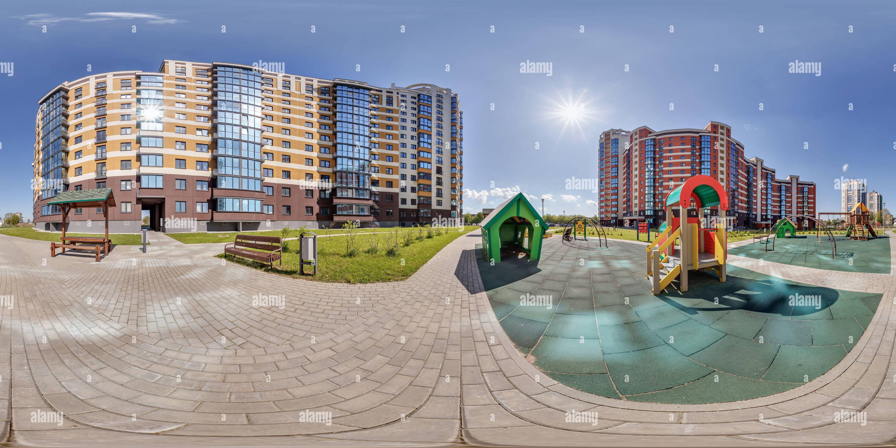 360 degree panoramic view of hdri 360 panorama near near playground among residential complex in full equirectangular seamless spherical projection,