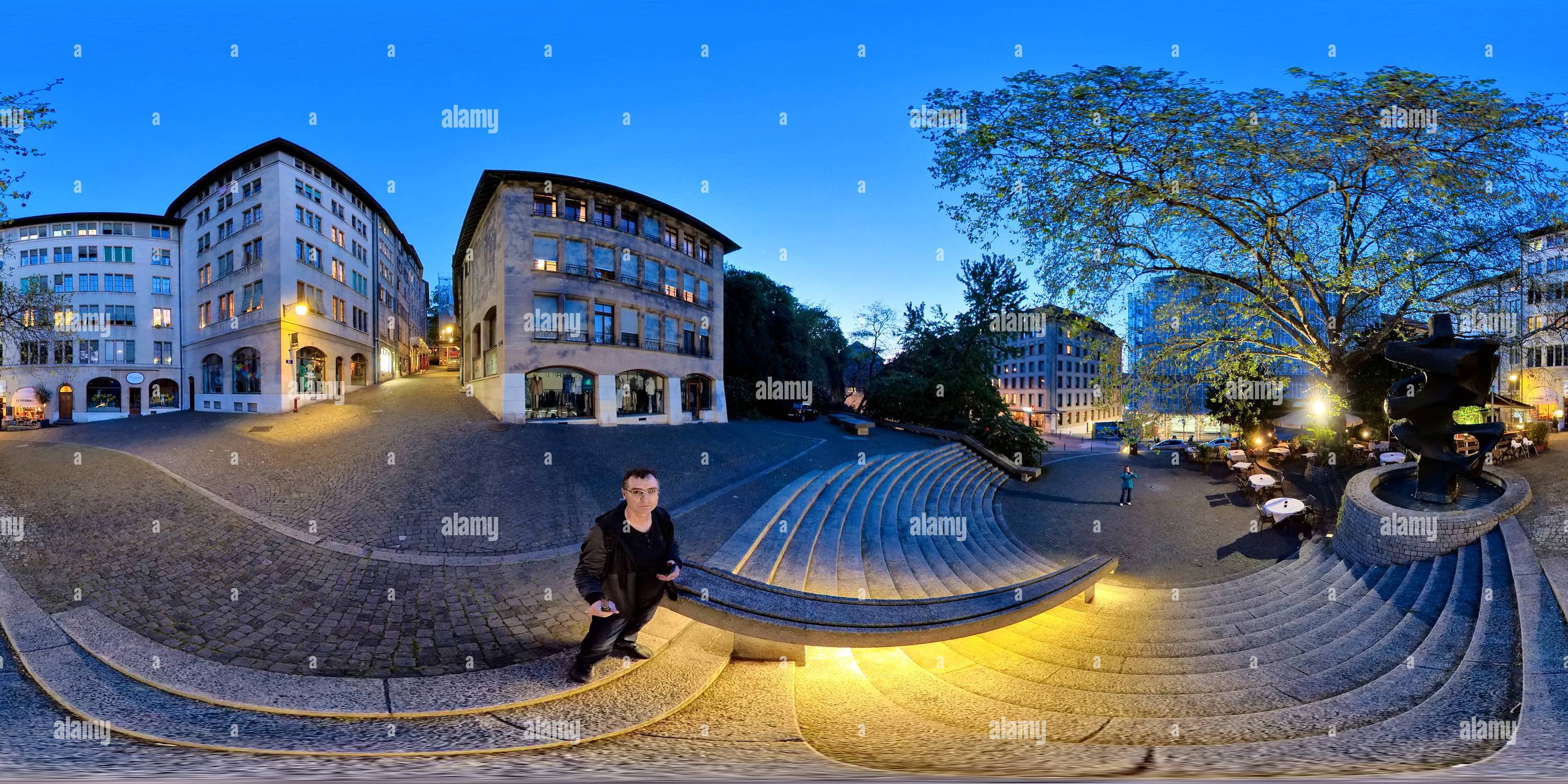 360 degree panoramic view of 360 panorama in the square near the Perron restaurant in Geneva, Switzerland
