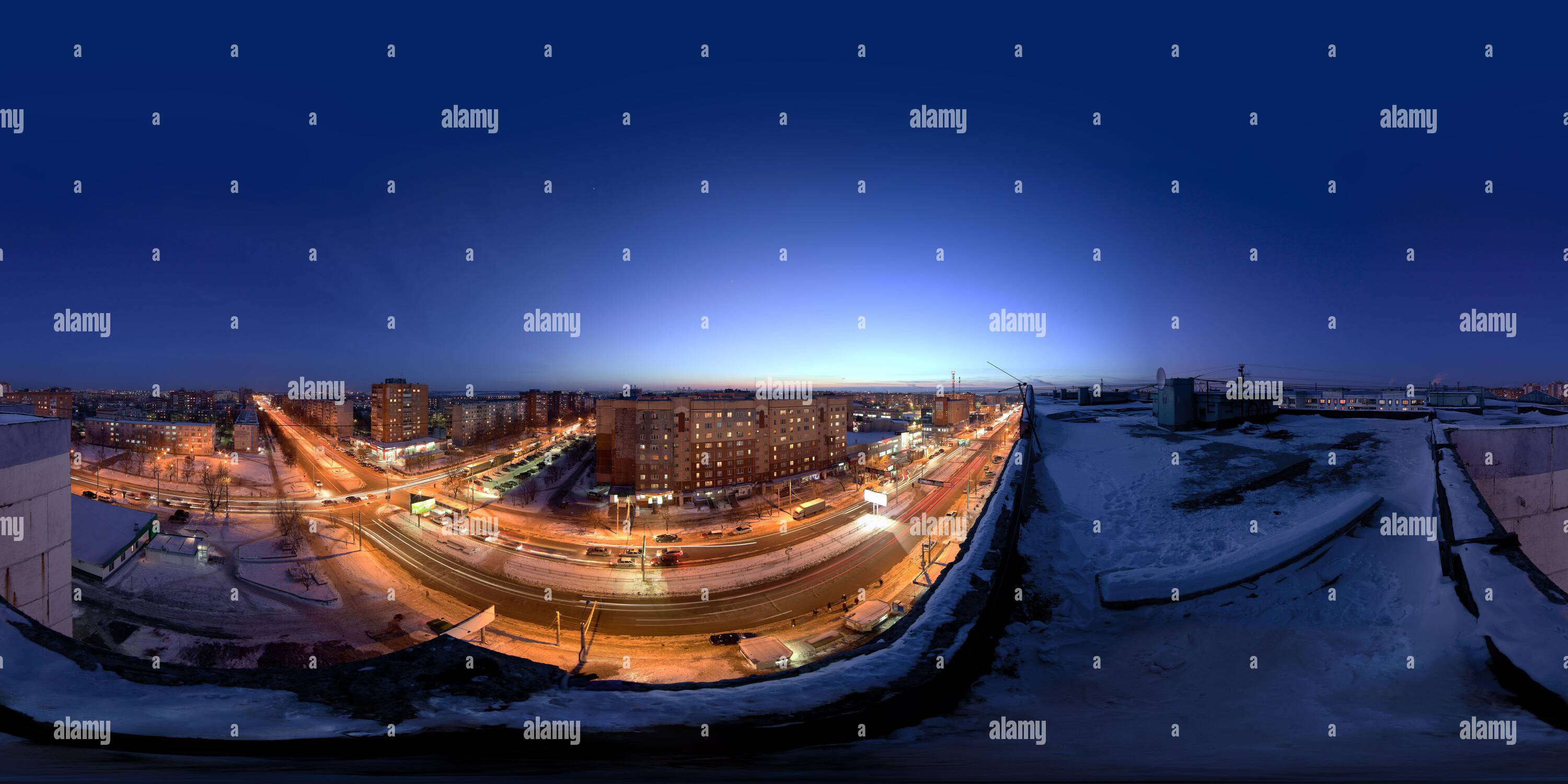 360 degree panoramic view of TULA, RUSSIA - FEBRUARY 08, 2012: Night city winter roof full spherical panorama in equirectangular projection 360 by 180 degrees