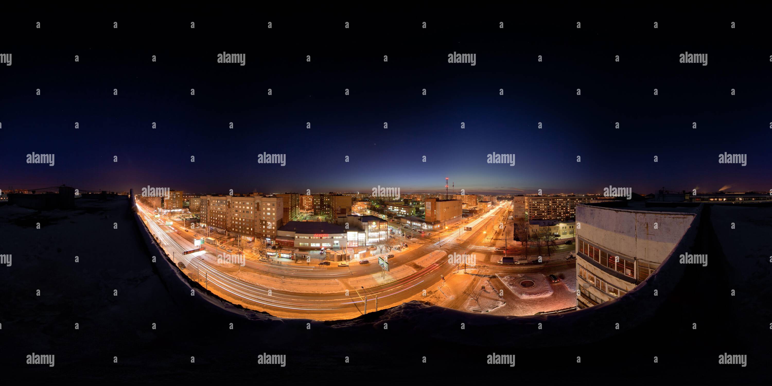 360 degree panoramic view of TULA, RUSSIA - FEBRUARY 08, 2012: Night city winter roof full spherical panorama in equirectangular projection 360 by 180 degrees