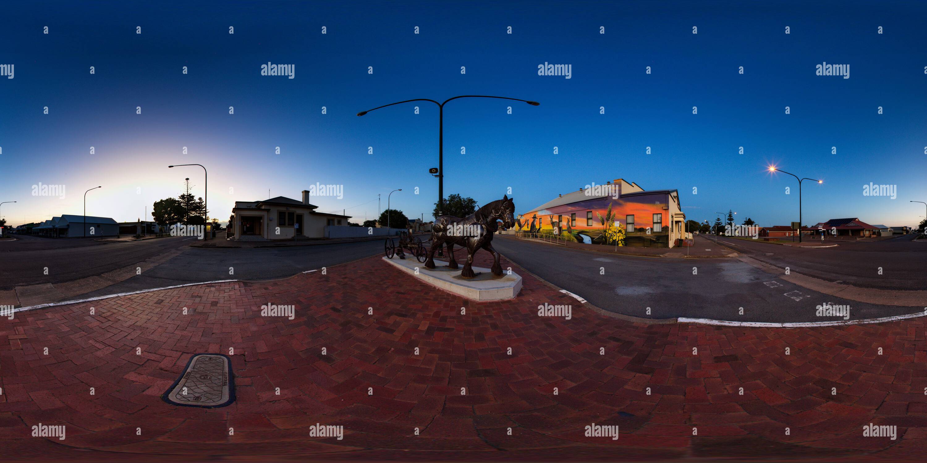360 degree panoramic view of 360° panorama of Bonnie the Clydesdale by local artist Peter Crosby in the small agricultural service town of Cleve Eyre Peninsula South Australia