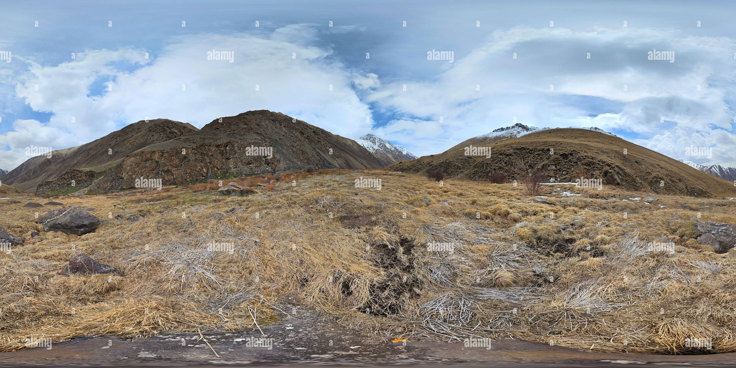 Rectangular Mountains 360° view of Full Spherical panorama of early spring mountains gorge at ...
