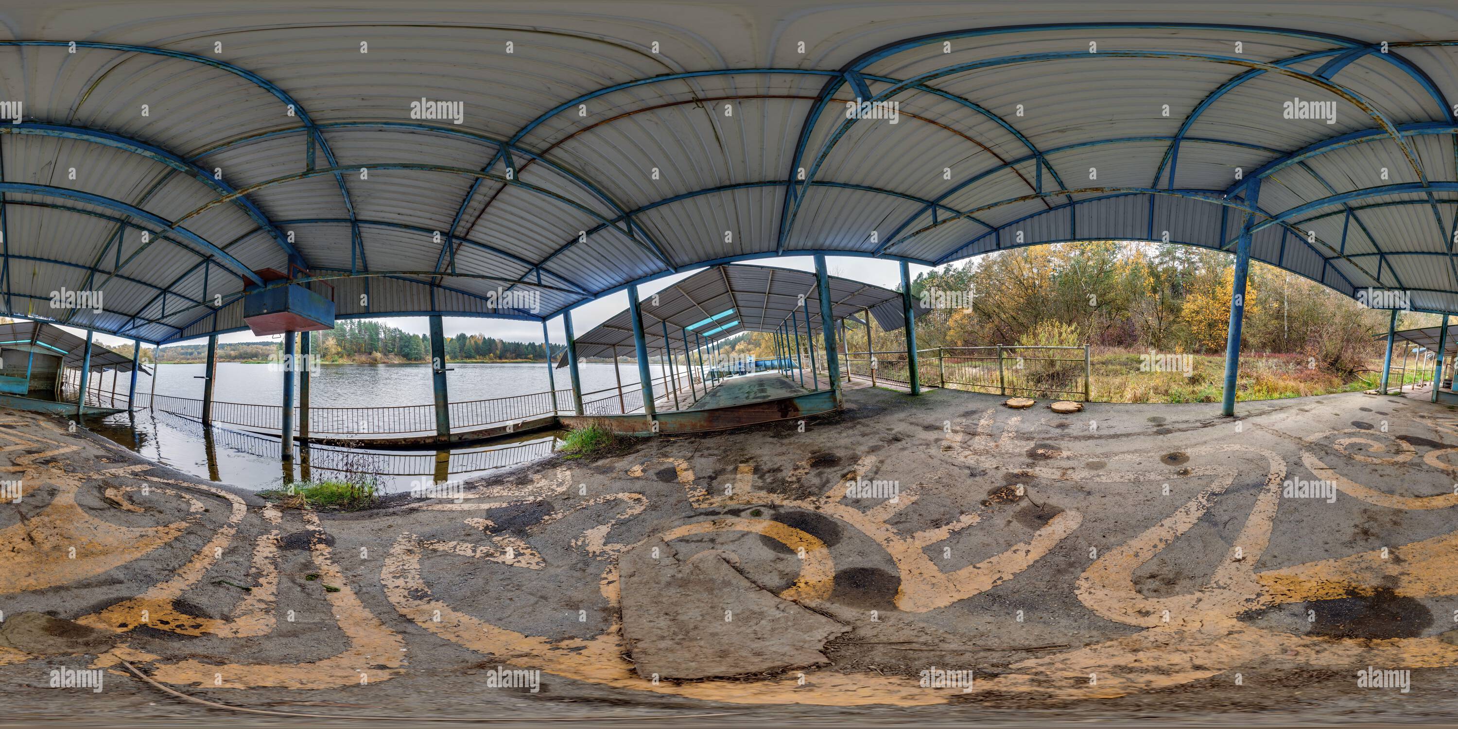 360° view of 360 hdri panorama on deck of sunken abandoned landing ...