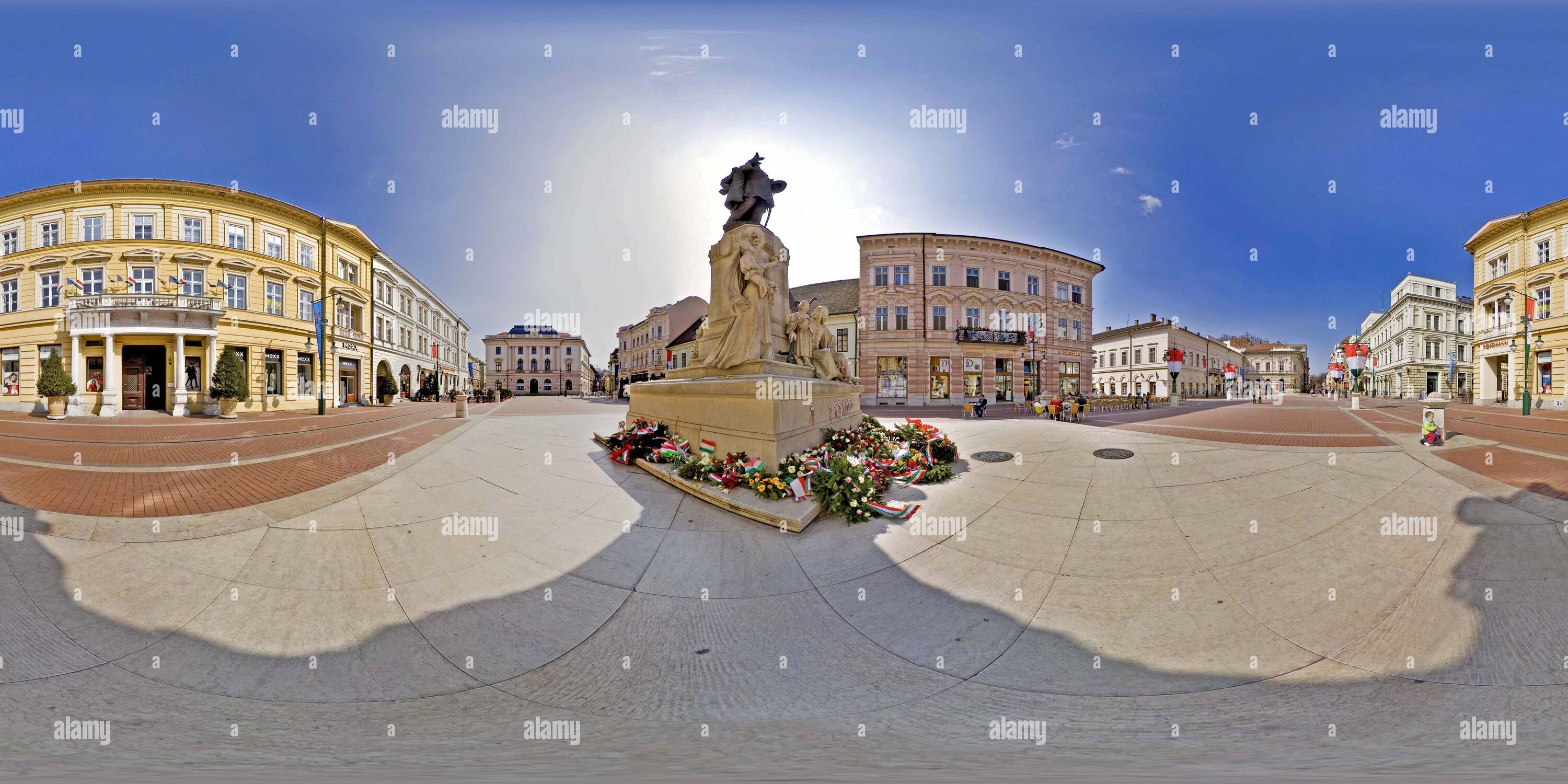 360 degree panoramic view of Klauzal Square Kossuth sculpture