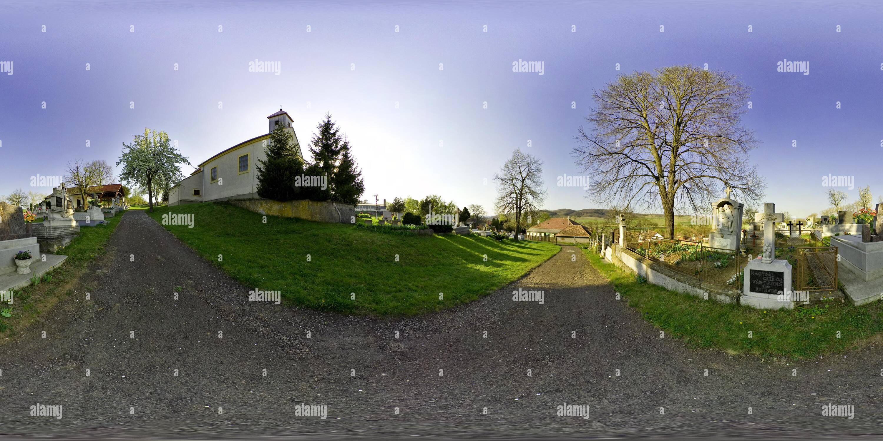 360 degree panoramic view of Cemetery and church