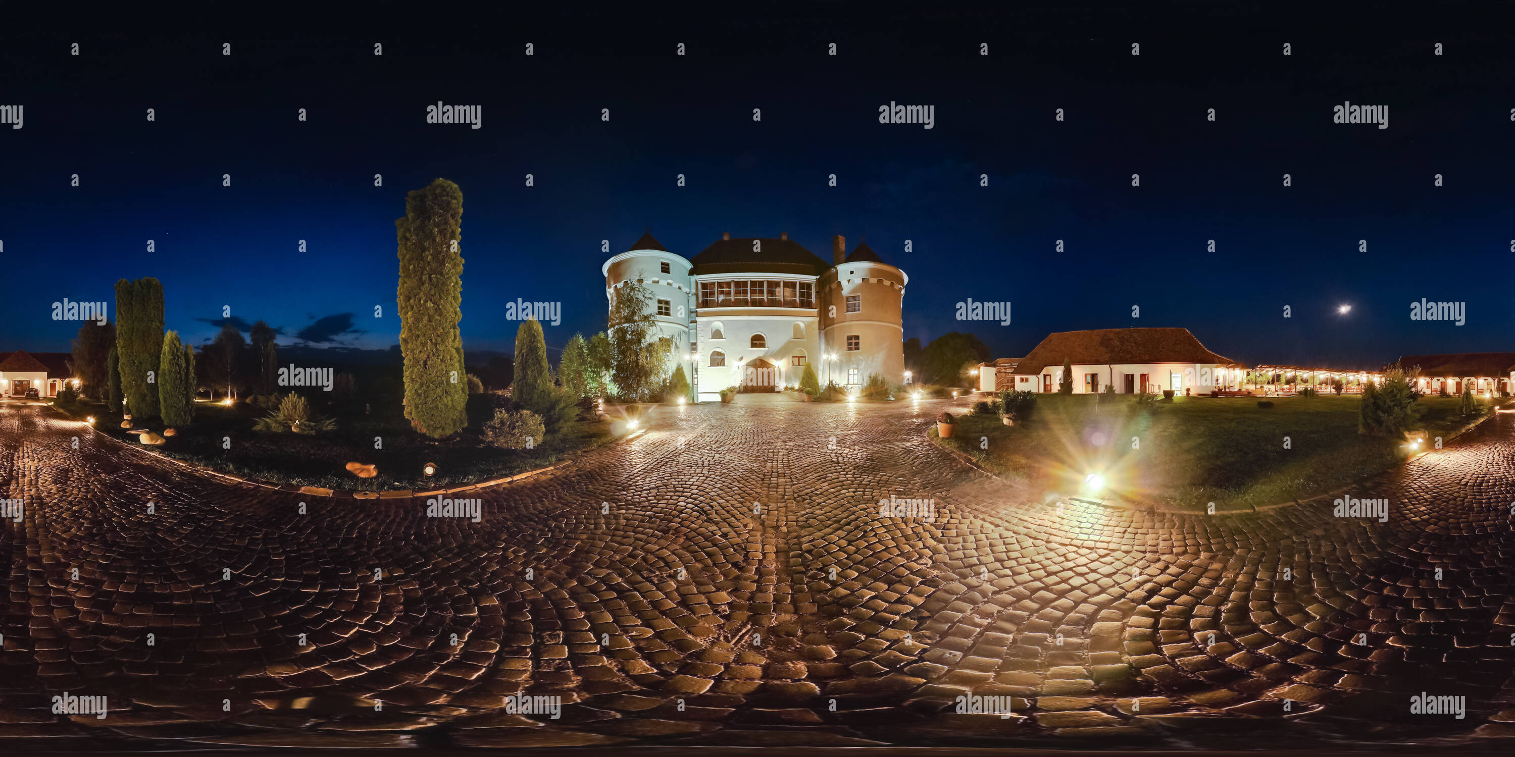 360 degree panoramic view of Bethlen-Haller Castle at Night