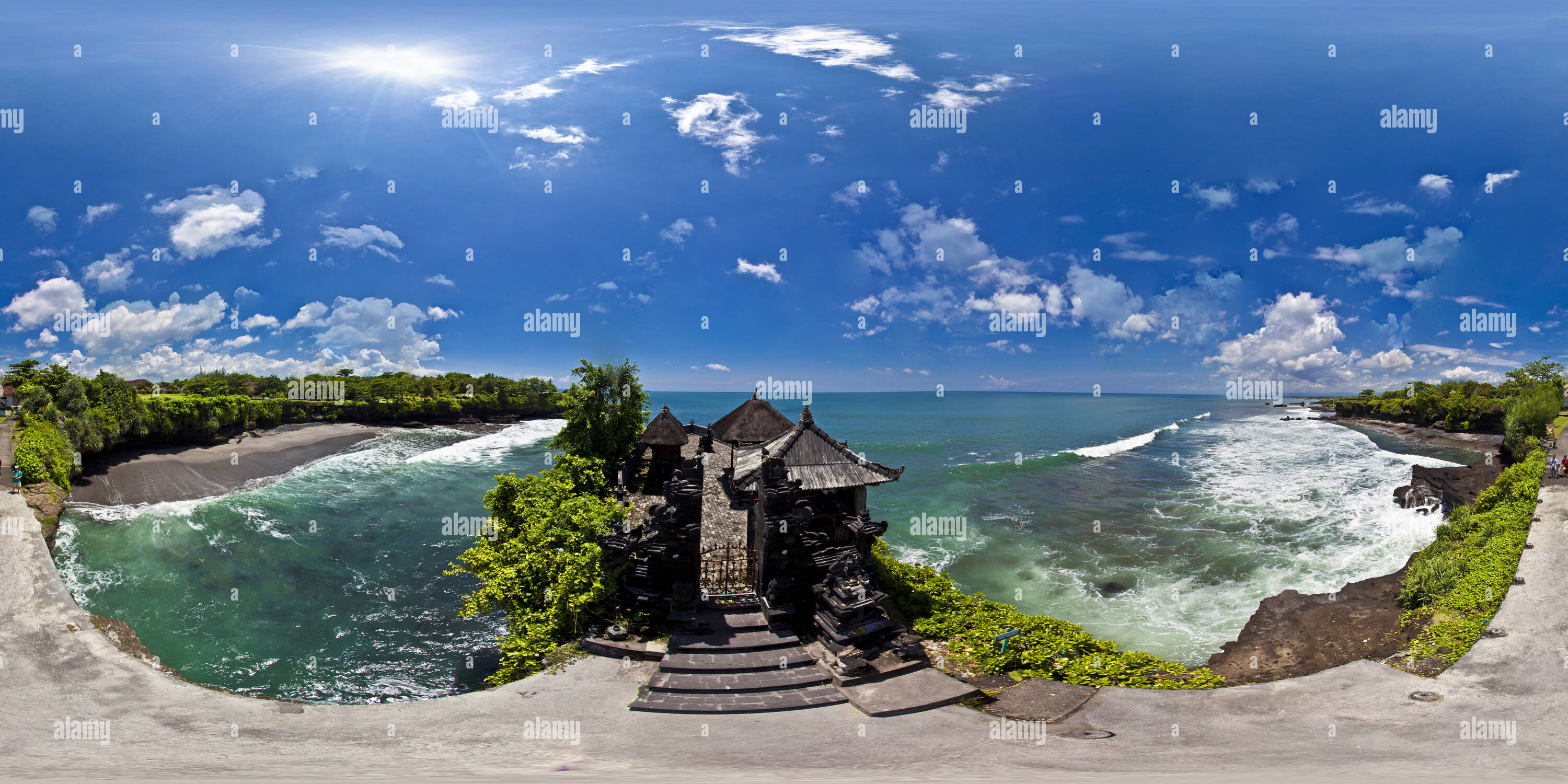 360 degree panoramic view of A small temple on Tanah Lot Cliffs