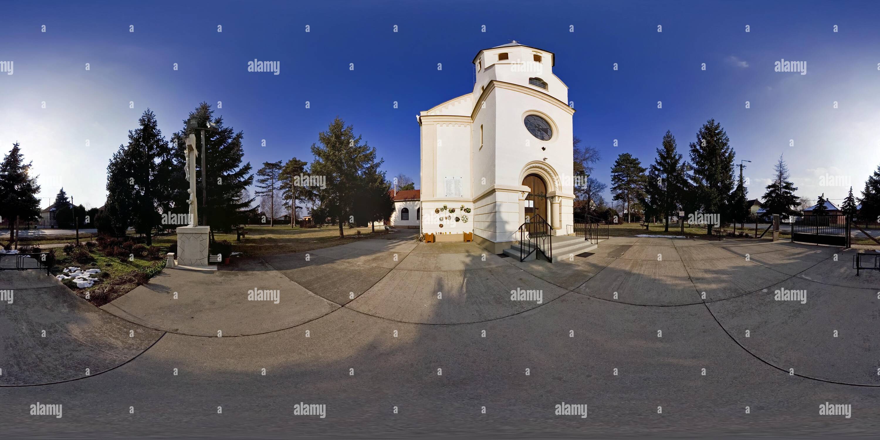 360 degree panoramic view of Small Blessed Virgin Catholic church and World War Two Heroes monument