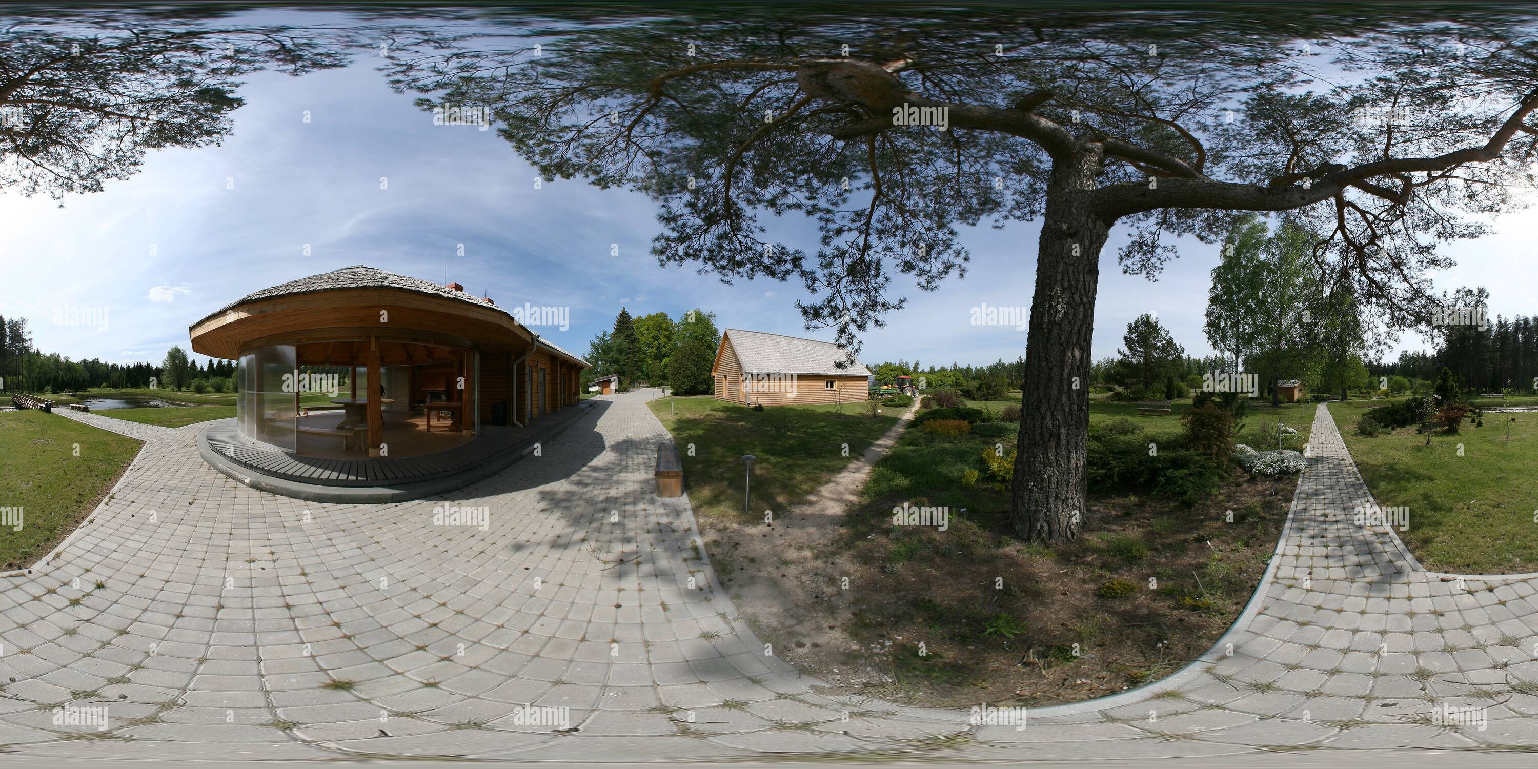 360 degree panoramic view of Visitors centre at the Kalsnava Arboretum, Latvia