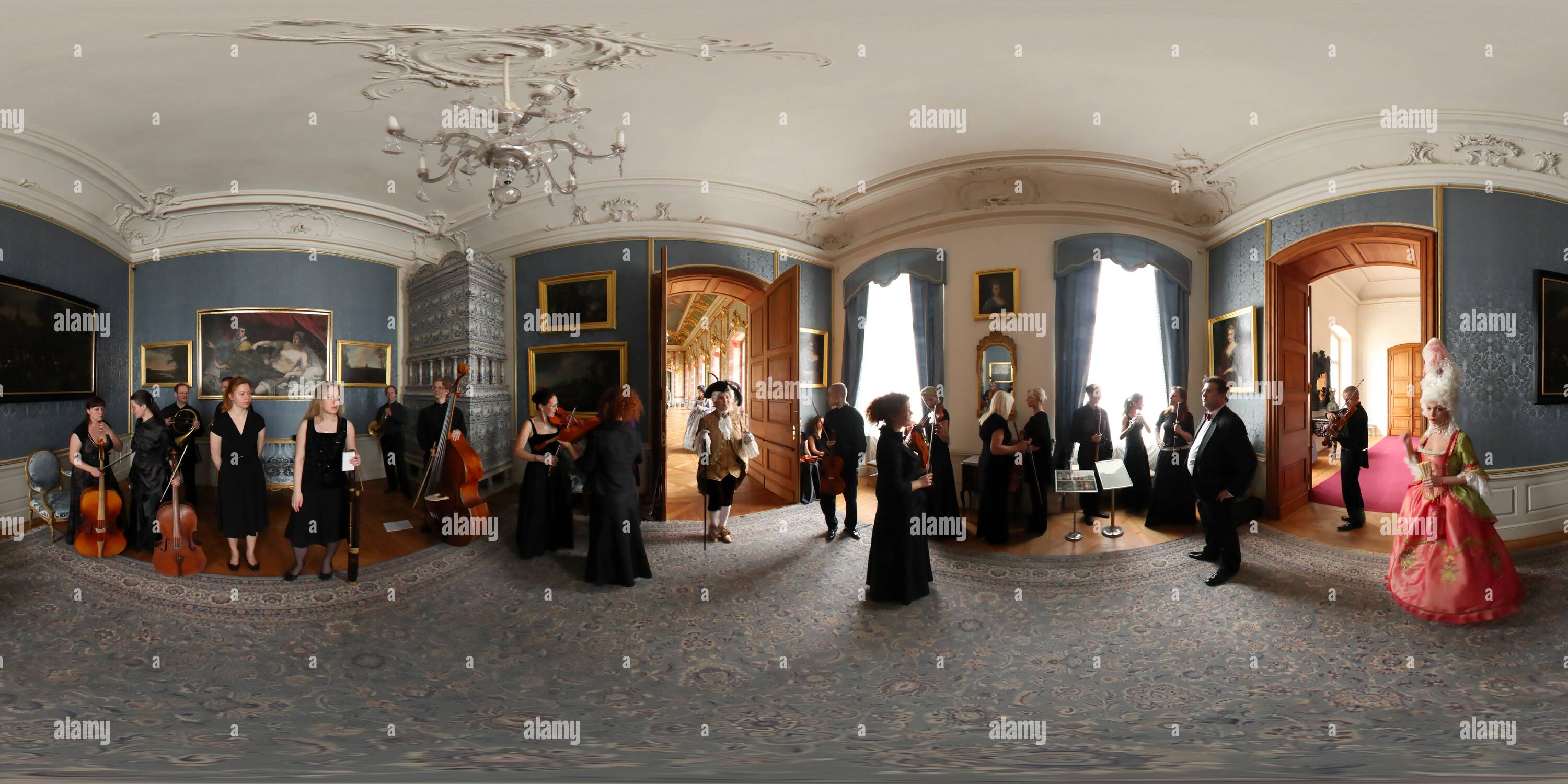 360 degree panoramic view of Last moments before the 18th century opera performance at Rundale Palace, Latvia
