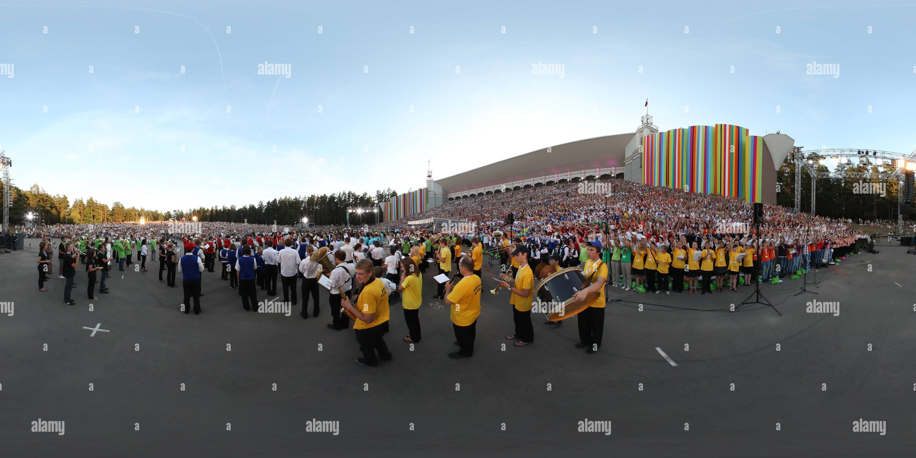 360 degree panoramic view of Choir with wind bands at Latvian Youth Song and Dance Celebration in Riga