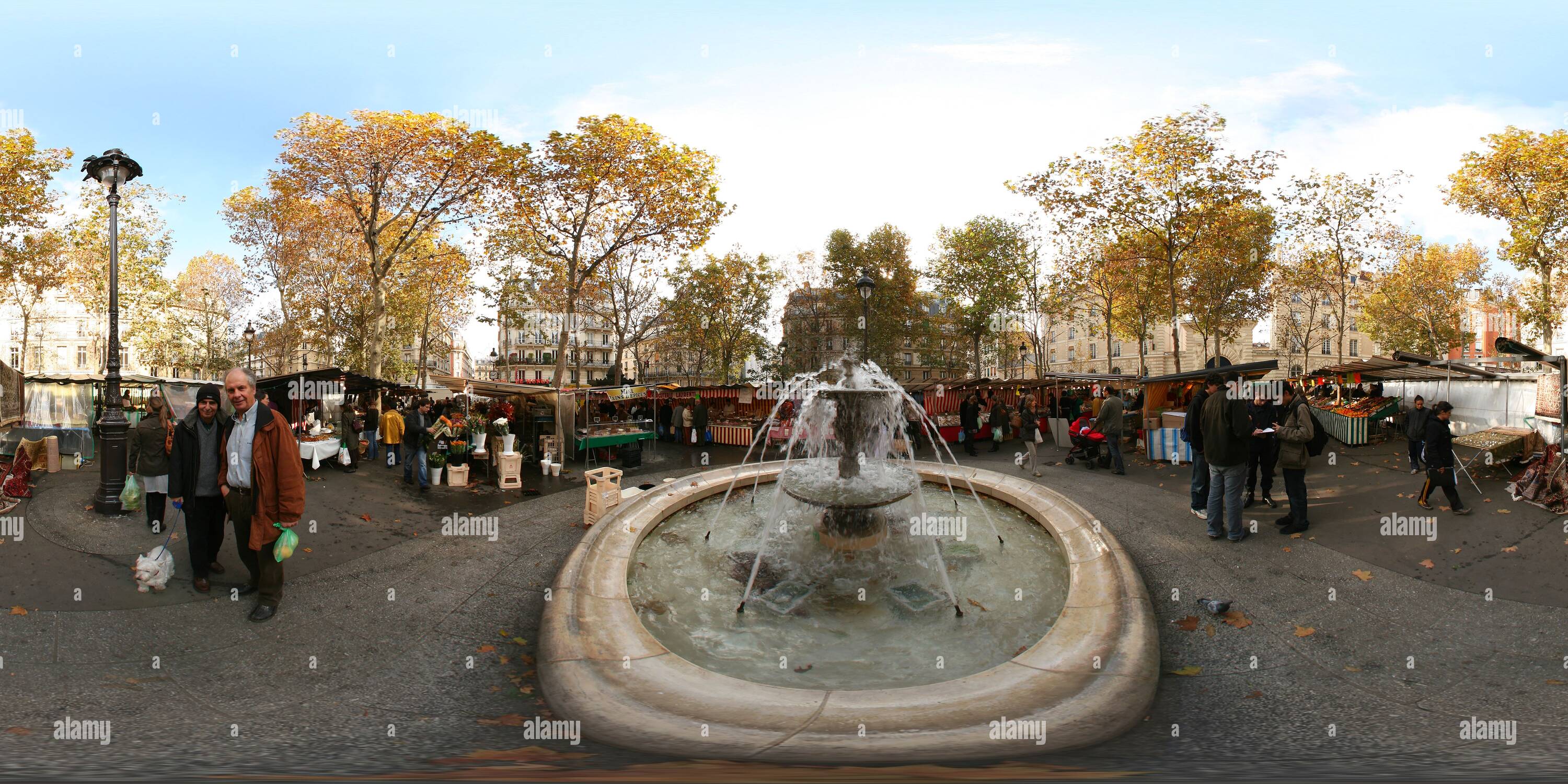 360 degree panoramic view of Sunday market at Place Monge, Paris