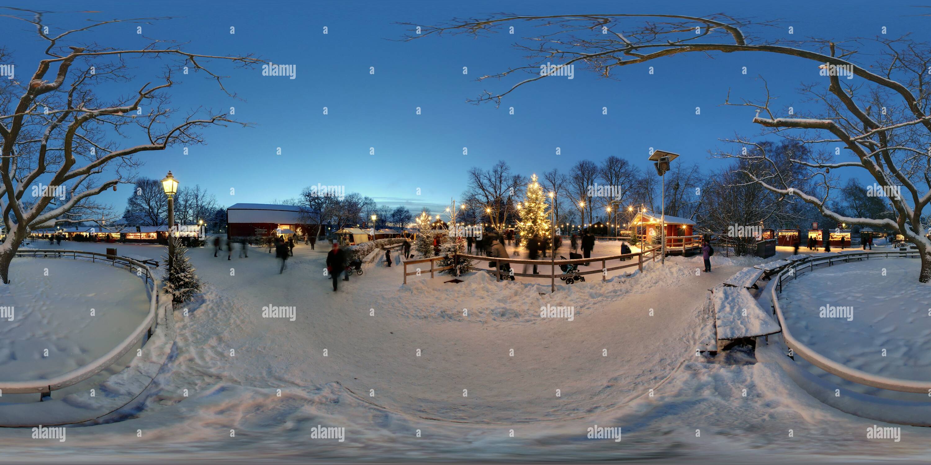 360° view of Christmas marketplace at Skansen openair museum