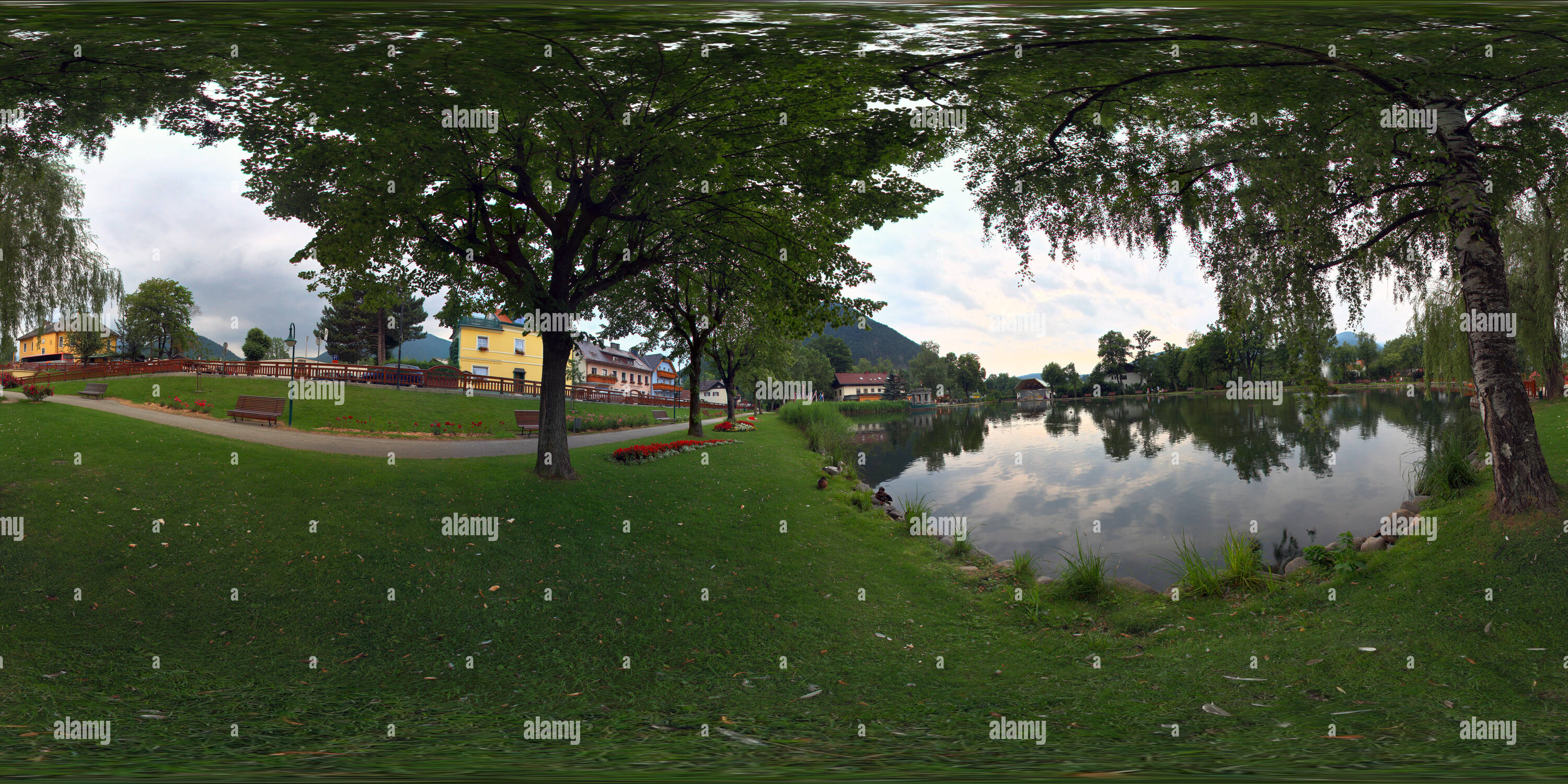 360 degree panoramic view of Puchberg Park with lake
