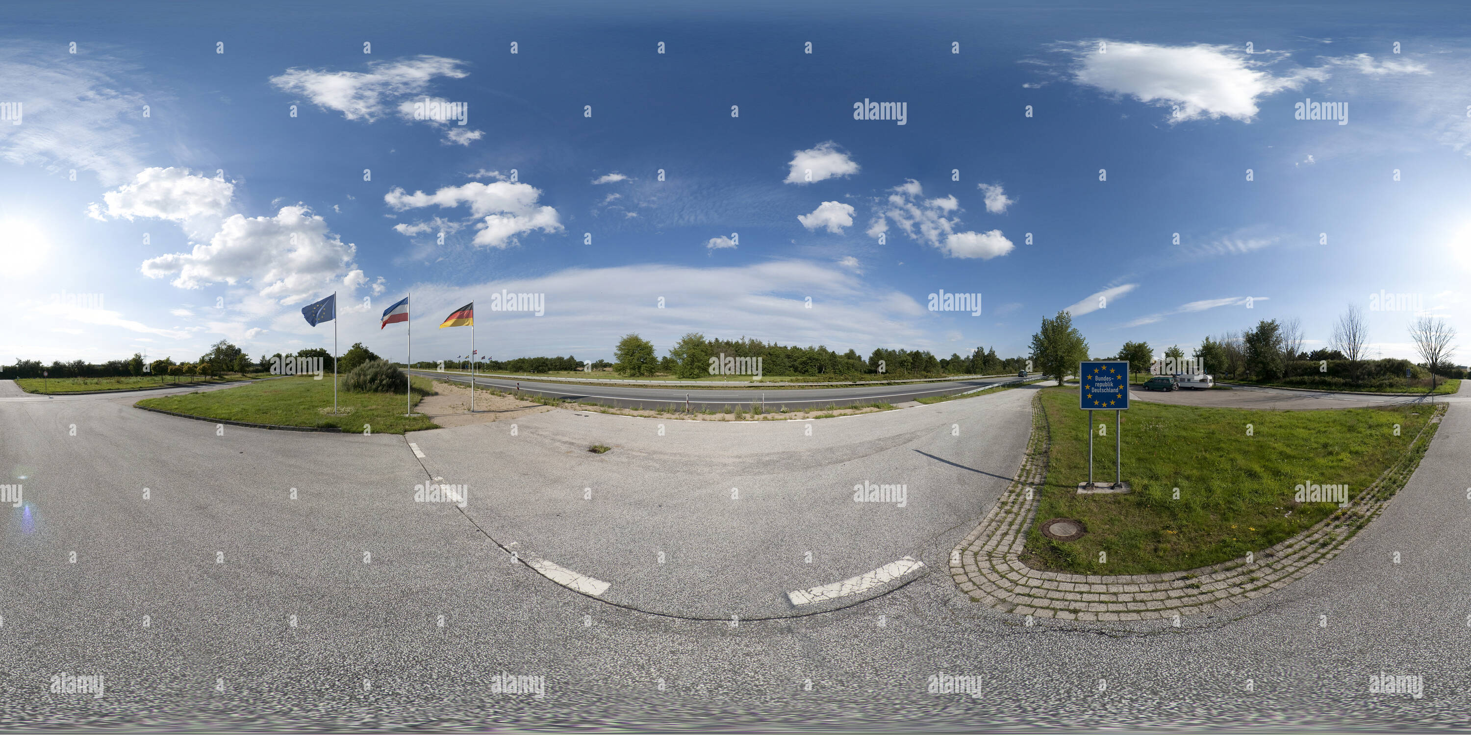 360 degree panoramic view of Deutsch-Dänische Grenze. Bundesautobahn A7 Anfang.