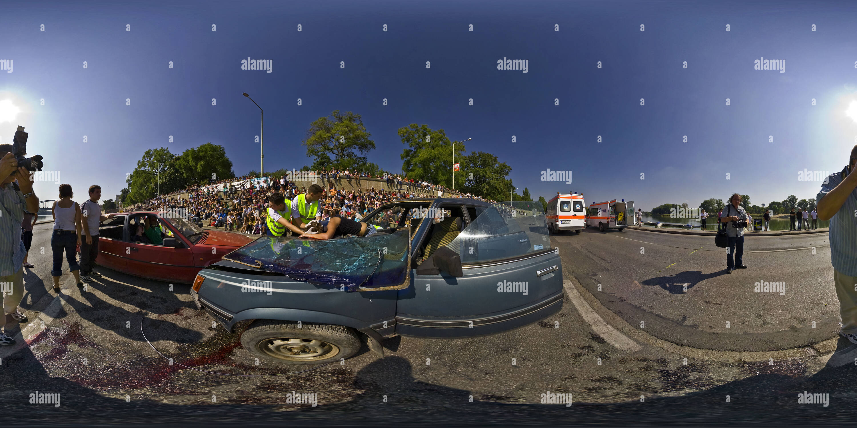 360 degree panoramic view of Traffic accident imitation exhibition - serious injured