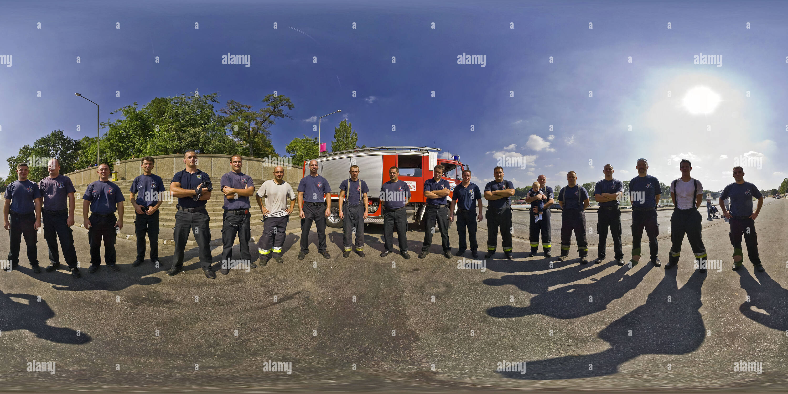 360 degree panoramic view of Traffic accident imitation exhibition - fireman team