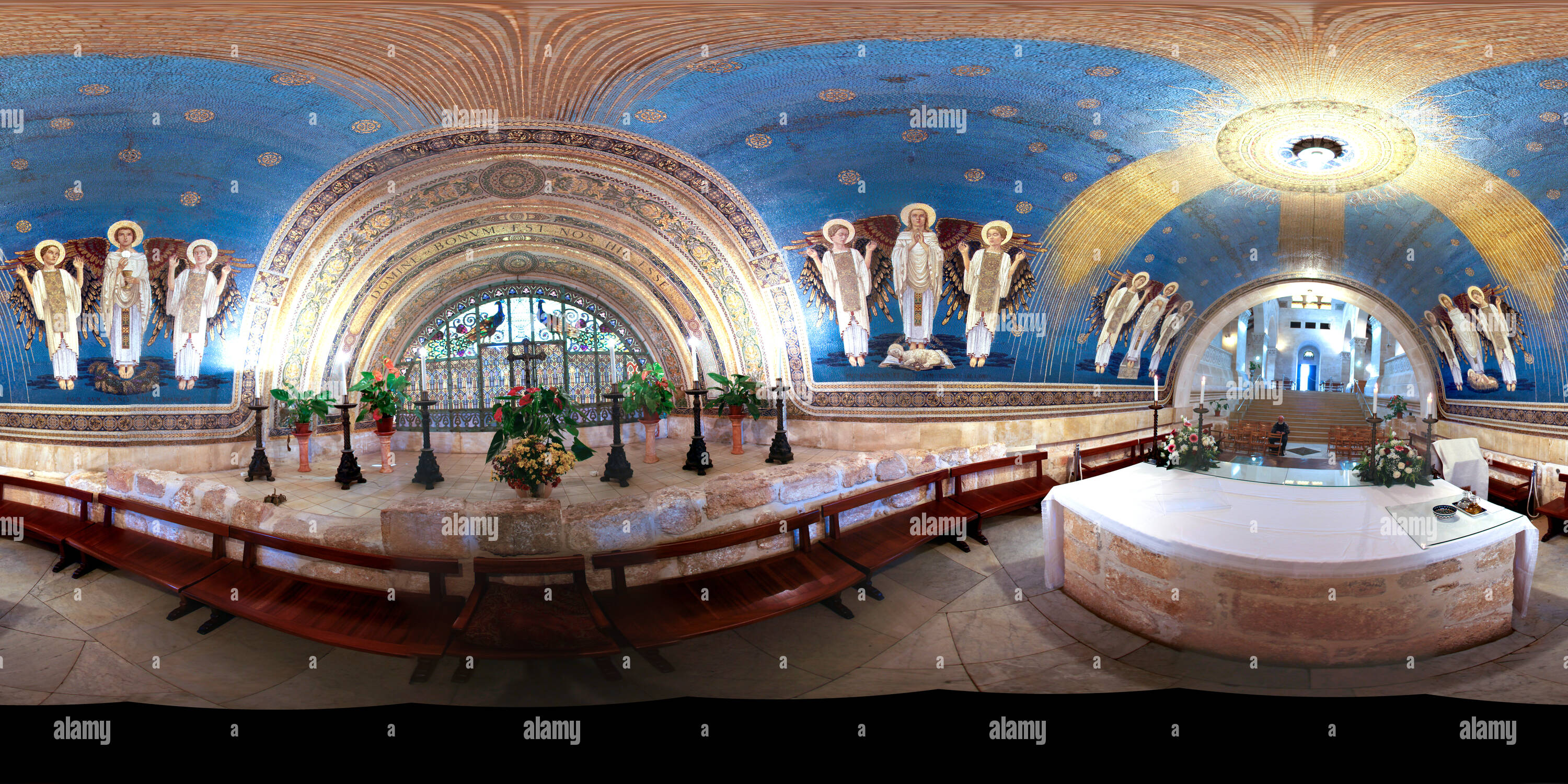 360 degree panoramic view of Basilica of the Transfiguration, lower chapel of the angels, Tabor, Israel