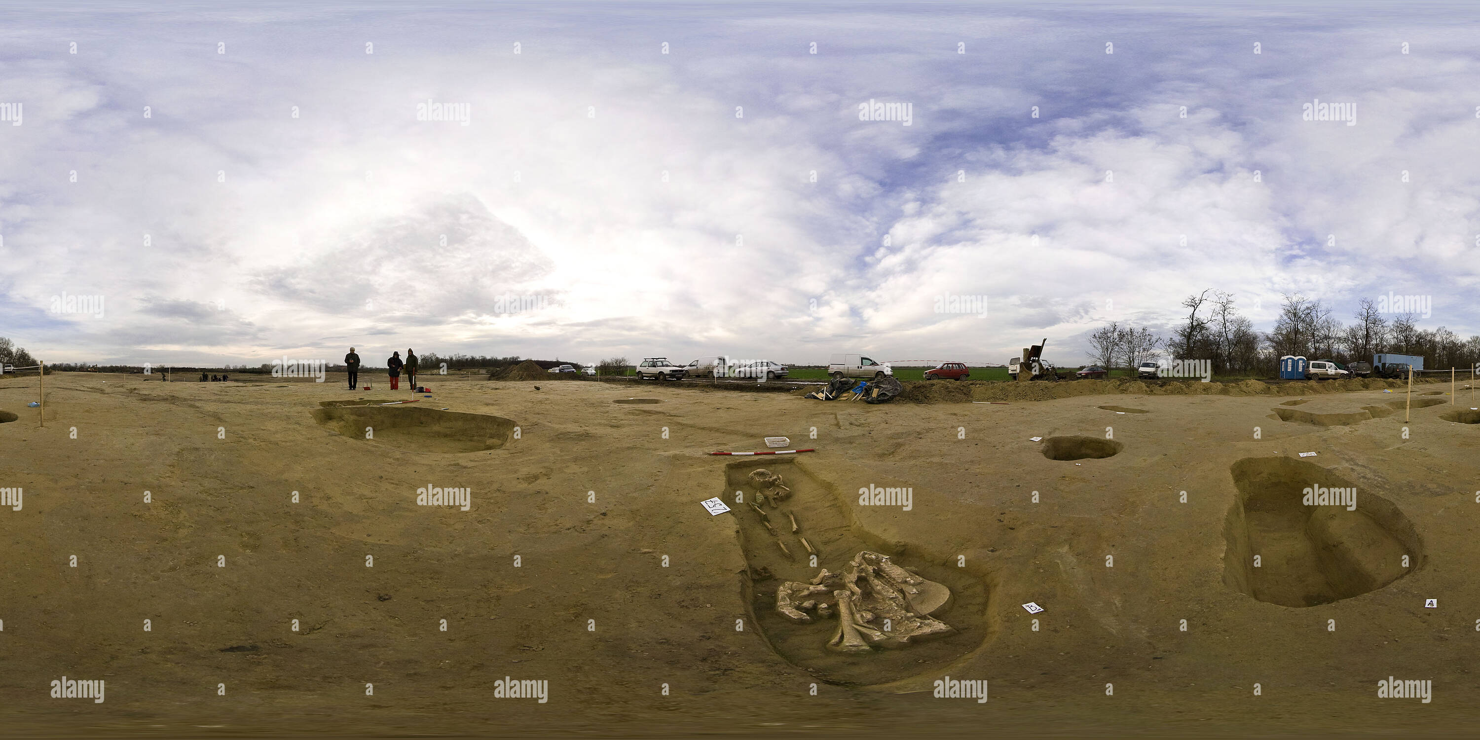 360 degree panoramic view of Grave from the time of the Hungarian conquest  with a horse head