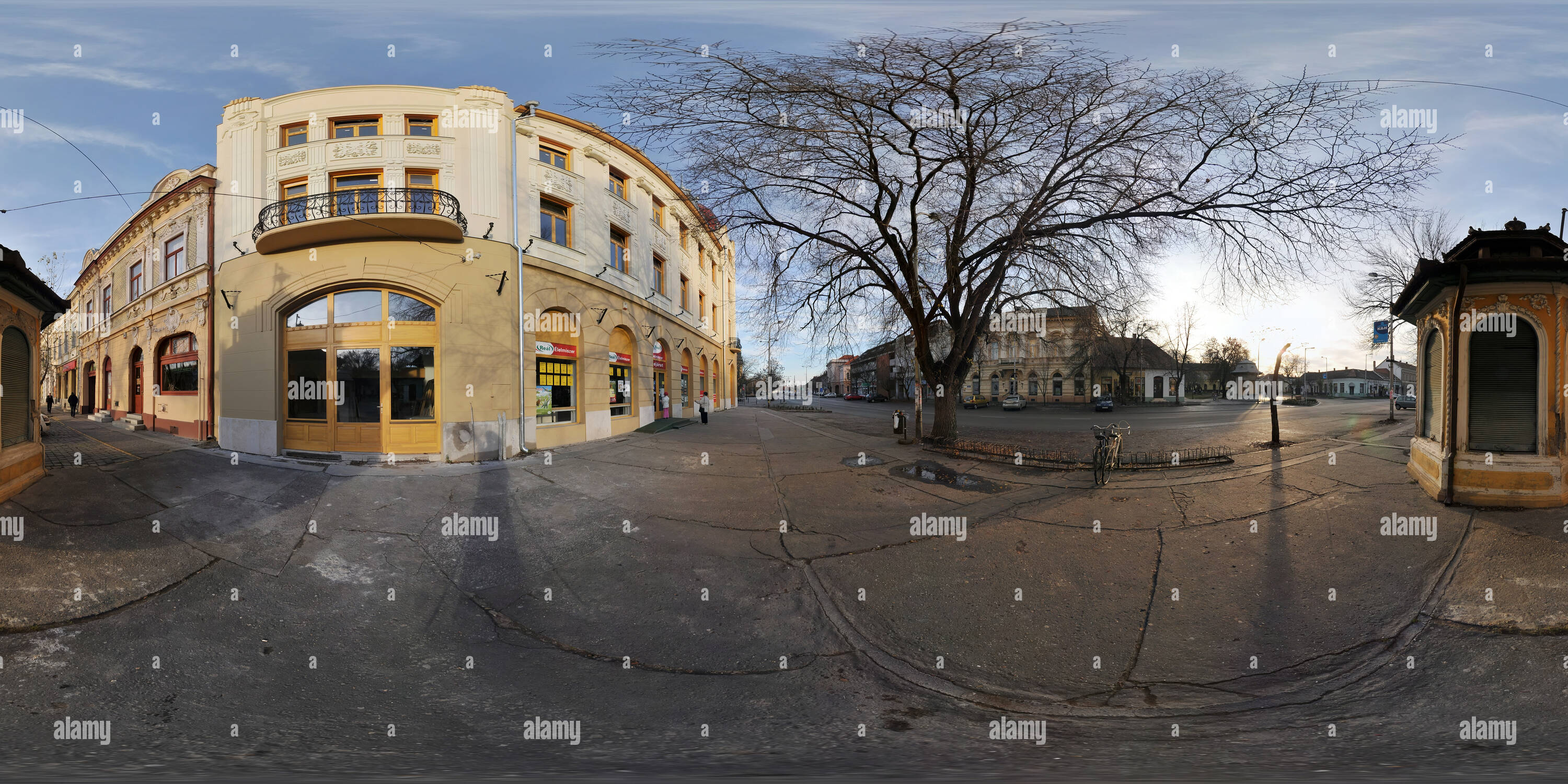 360 degree panoramic view of Newsstand and the Postal Palace in Nagykoros