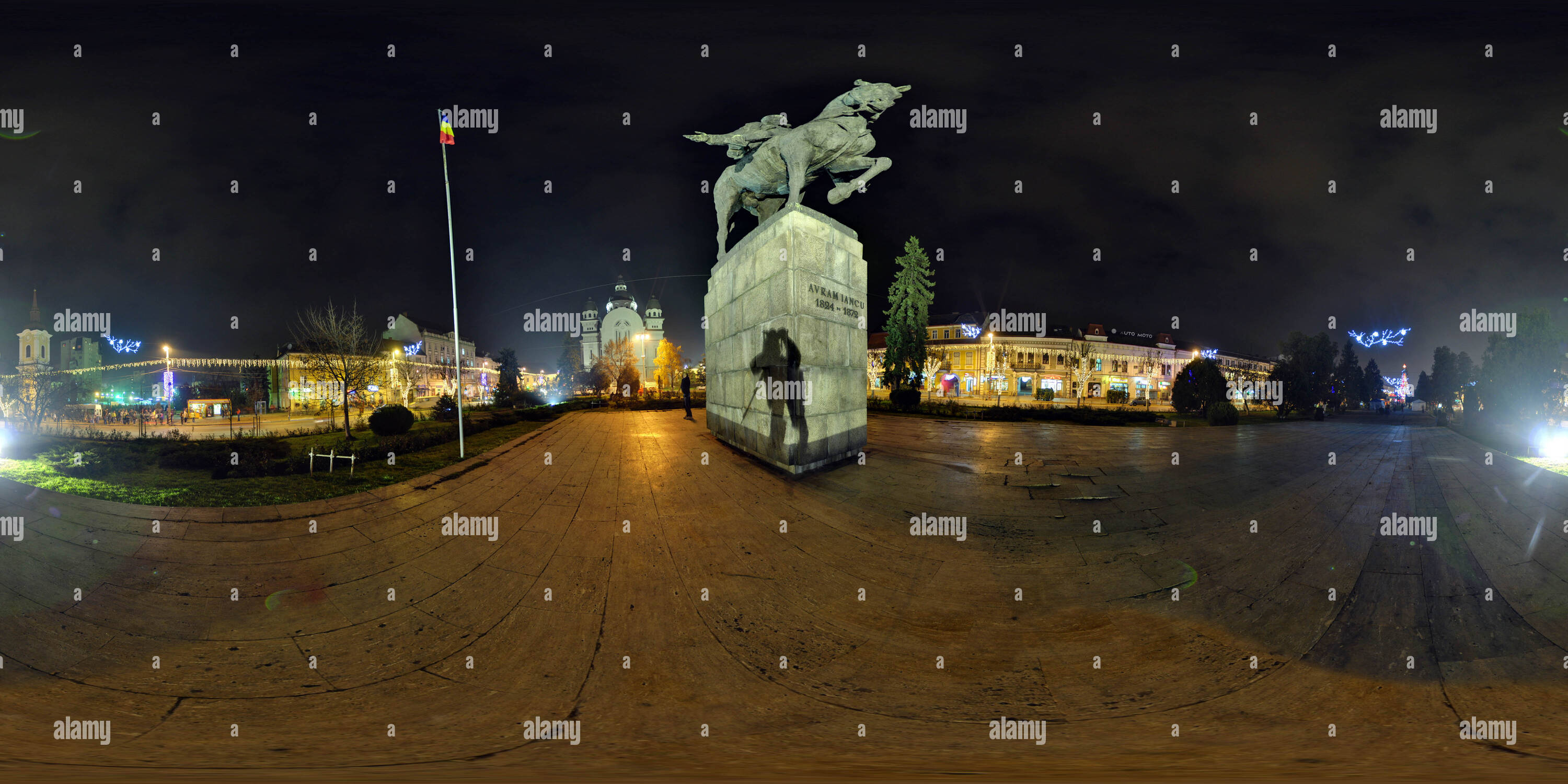 360 degree panoramic view of Avram Iancu's statue in the Roses Square, Targu Mures