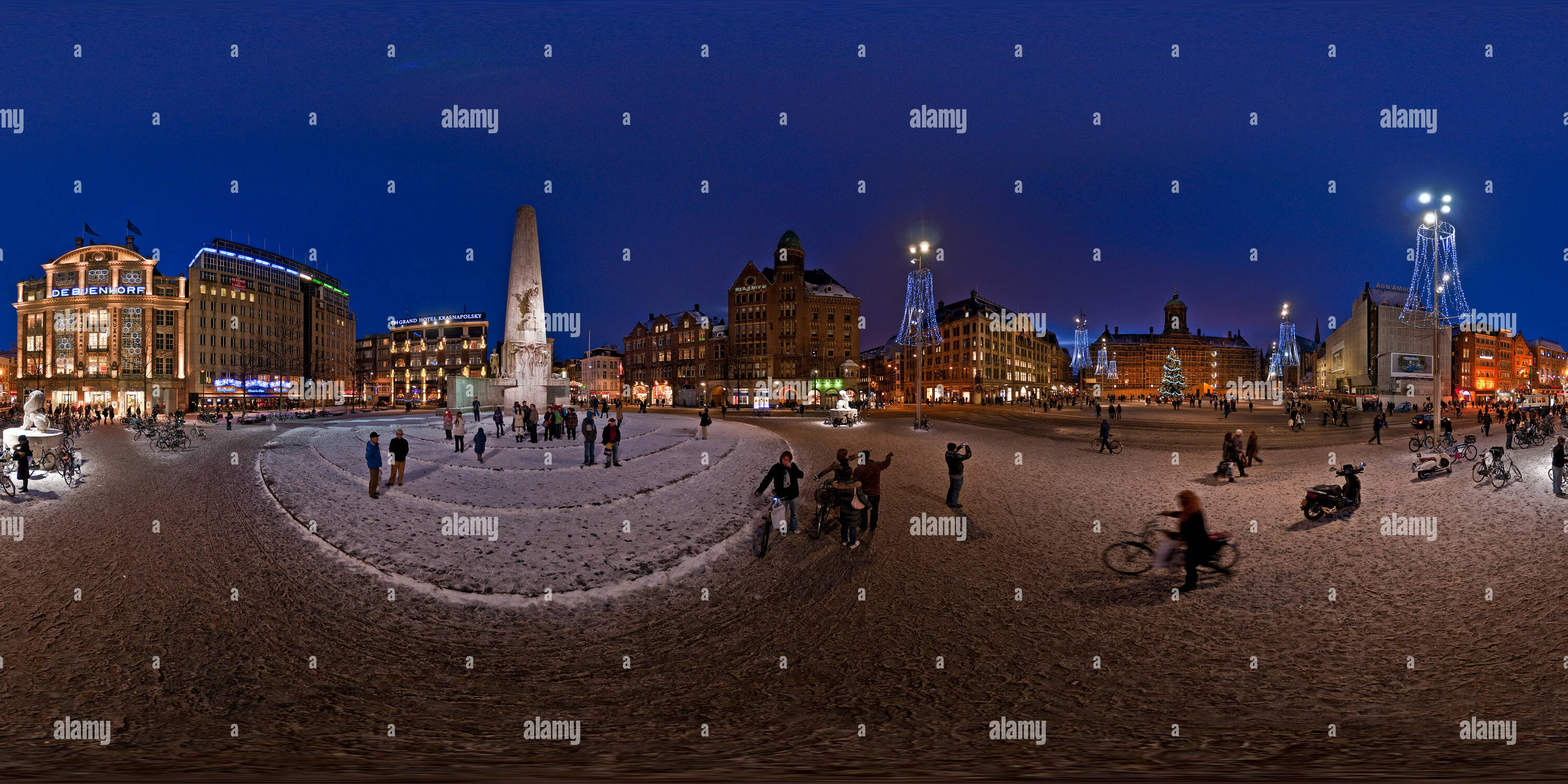 360 degree panoramic view of Dam Square, Amsterdam at Christmas time.