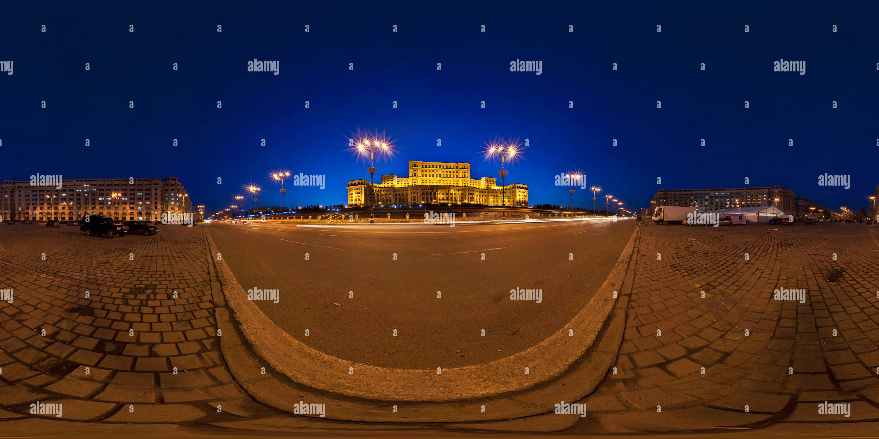 360 degree panoramic view of The romanian Parliament at night