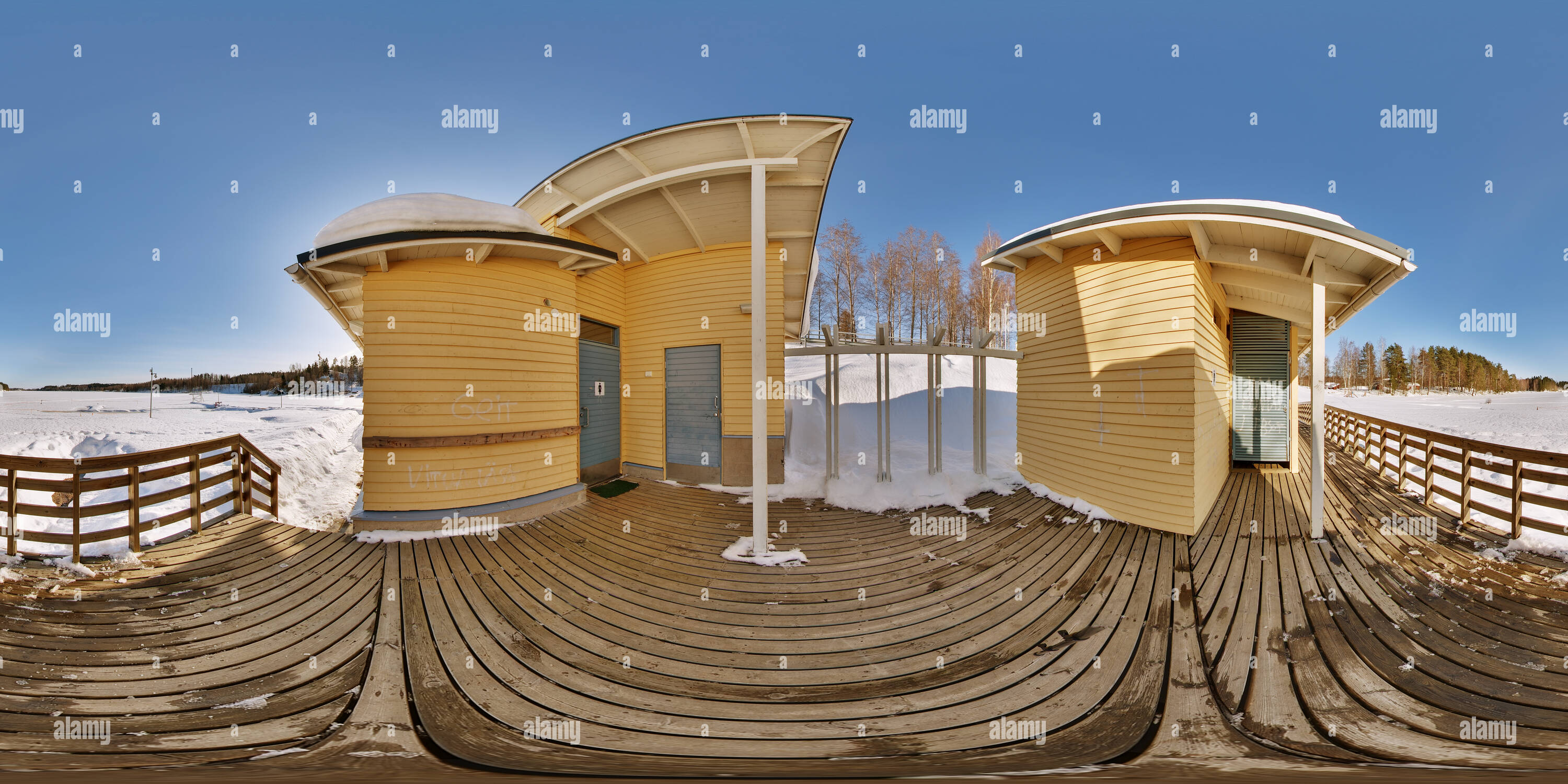 360 degree panoramic view of Sunny day on the wintery beach