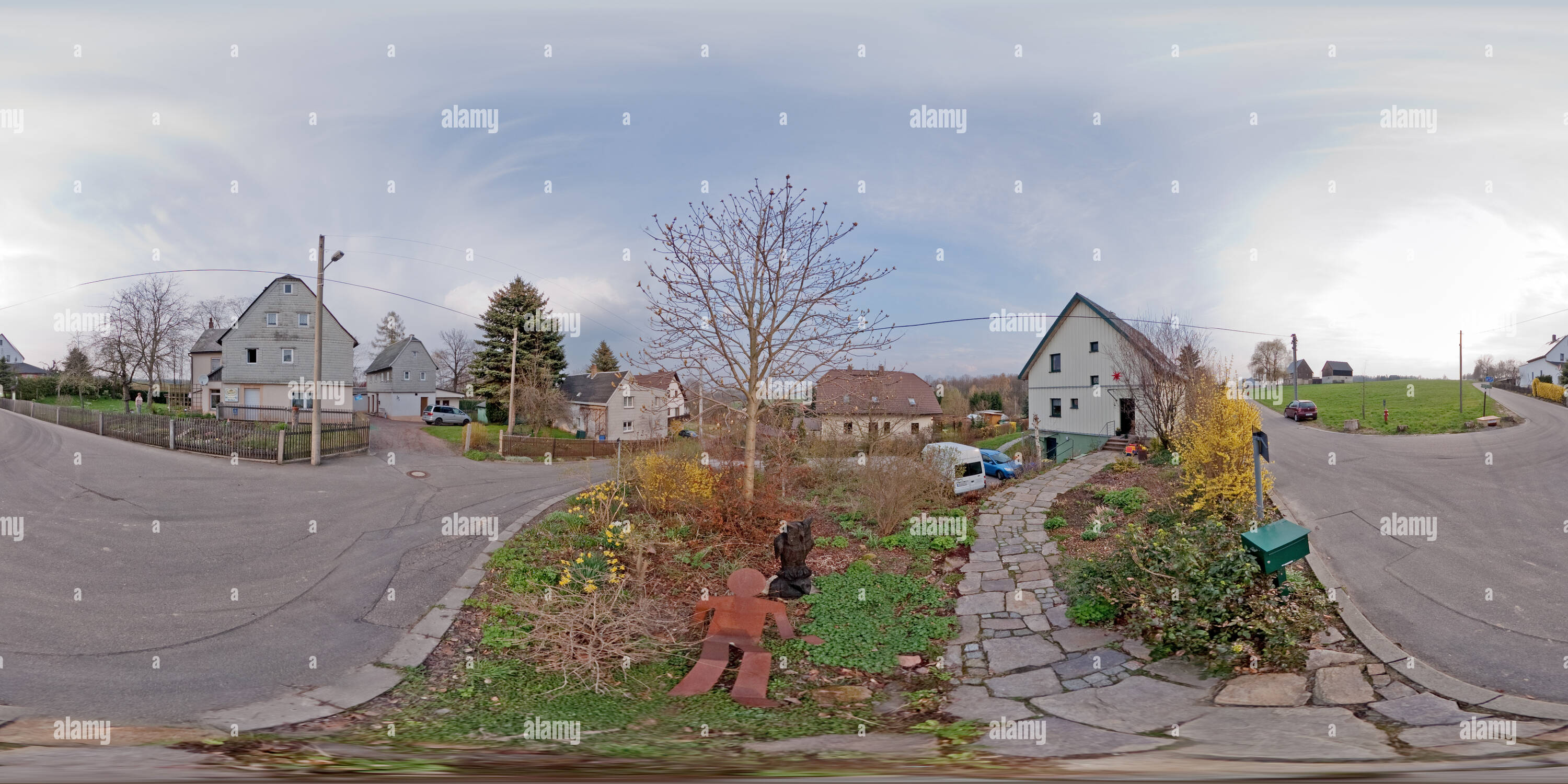 360 degree panoramic view of Streetview of Holzhaeuserstrasse, Callenberg in early spring