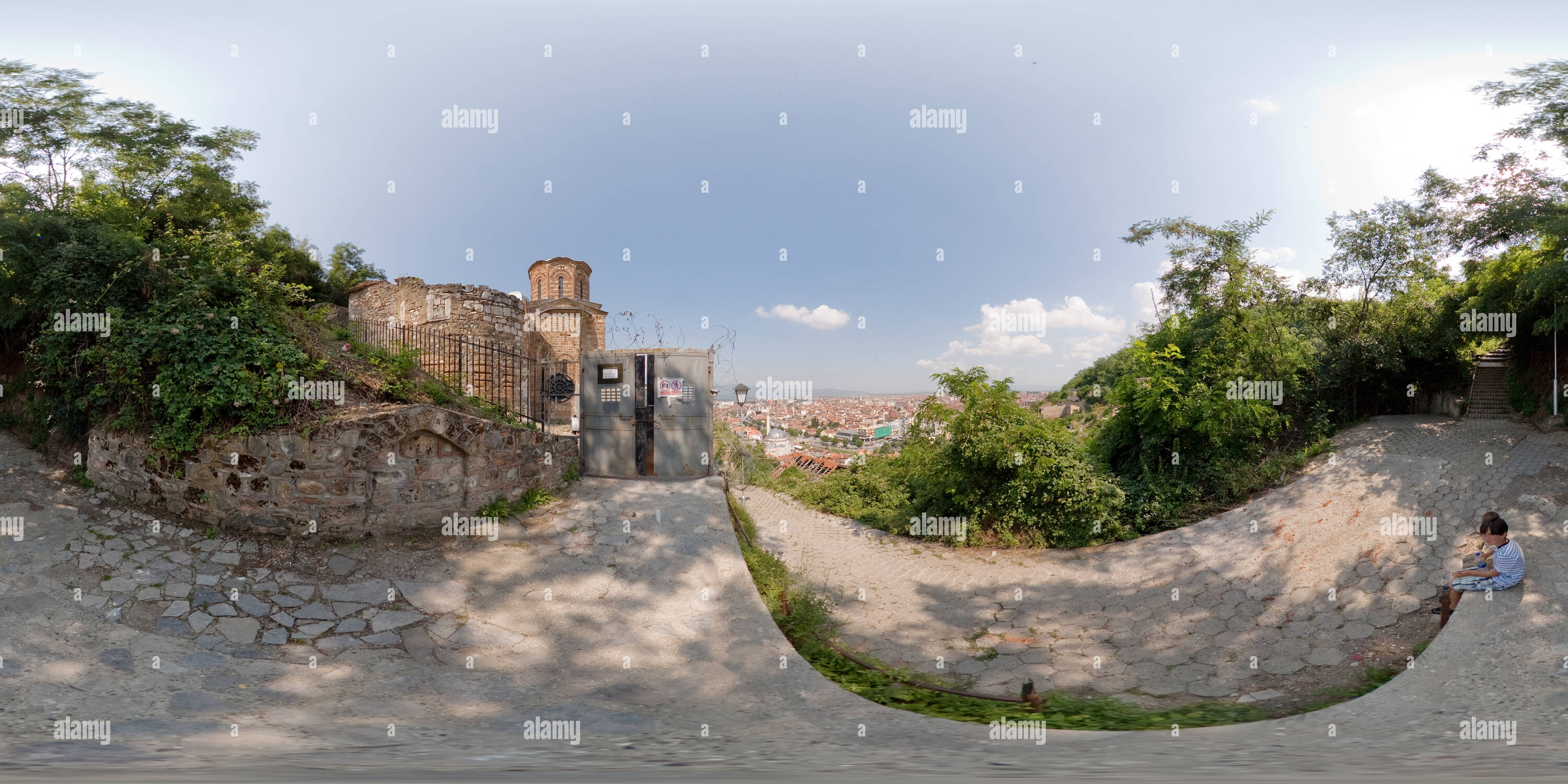 360 degree panoramic view of Prisren, Kosovo / remains of Serbian Orthodox Church of Holy Salvation