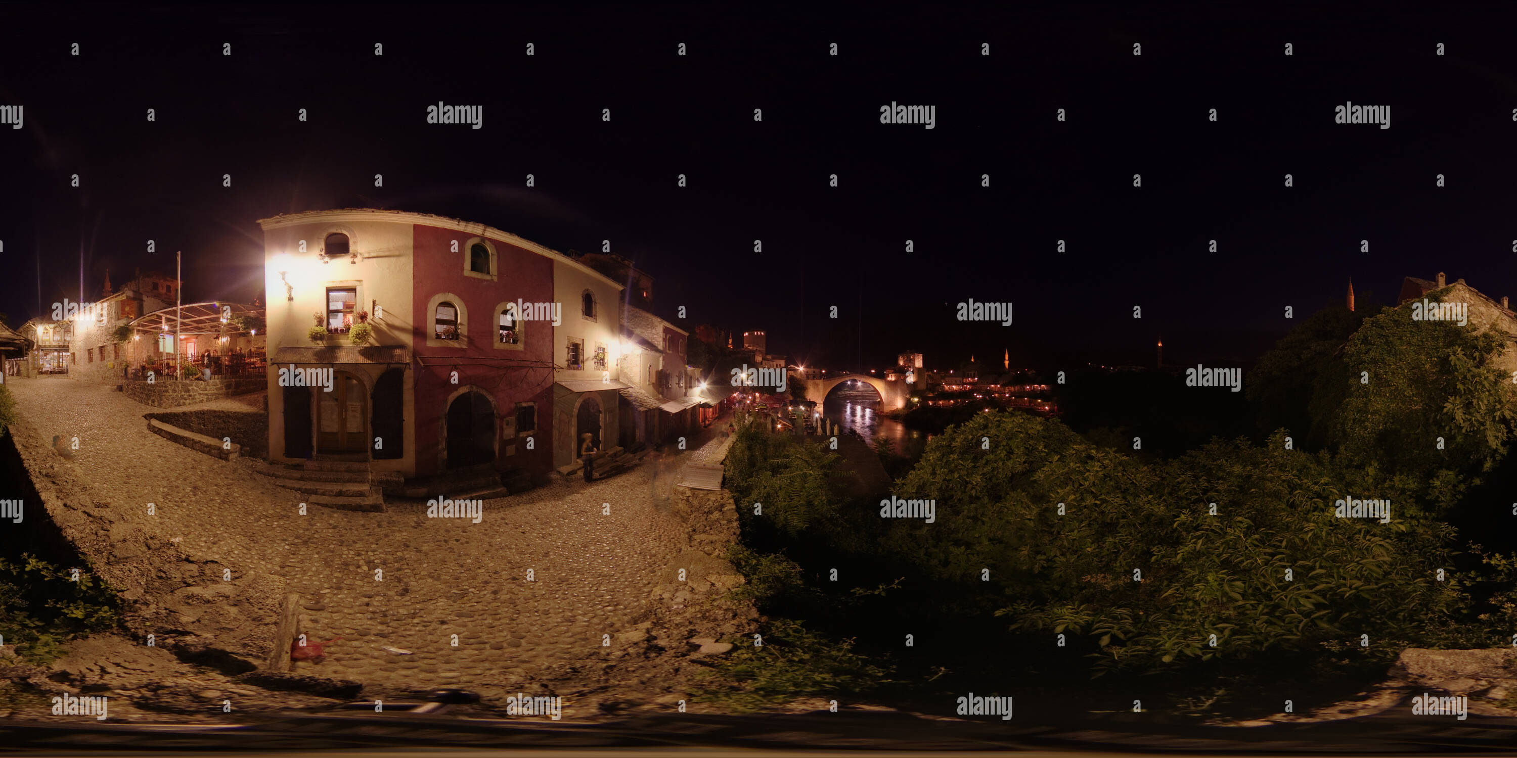 360 degree panoramic view of Mostar at night /BiH