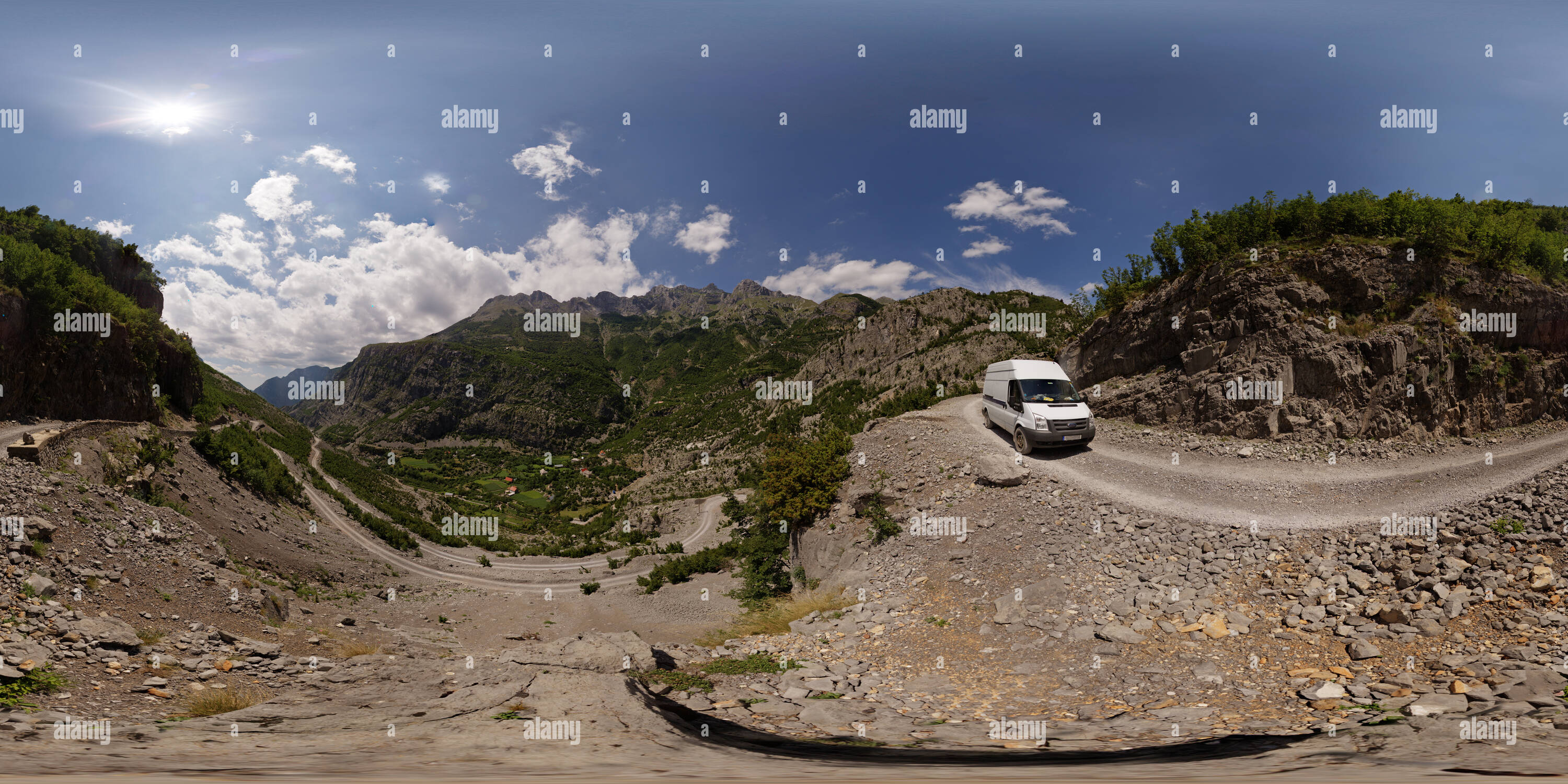 360 degree panoramic view of road near Selcë in Albanian Alps