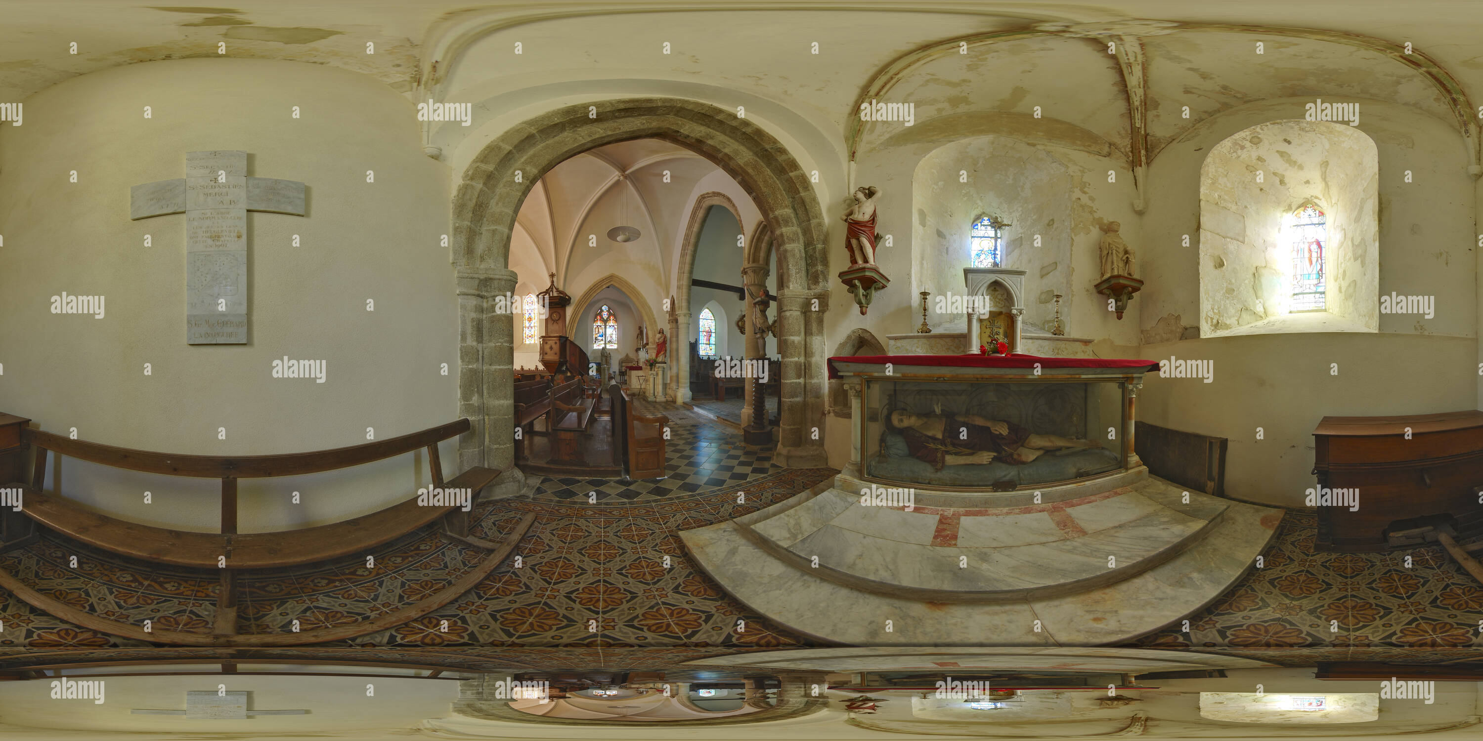 360 degree panoramic view of Chapelle dédiée à Saint-Sébastien dans l'église d'Heugueville-sur-Sienne  -  France