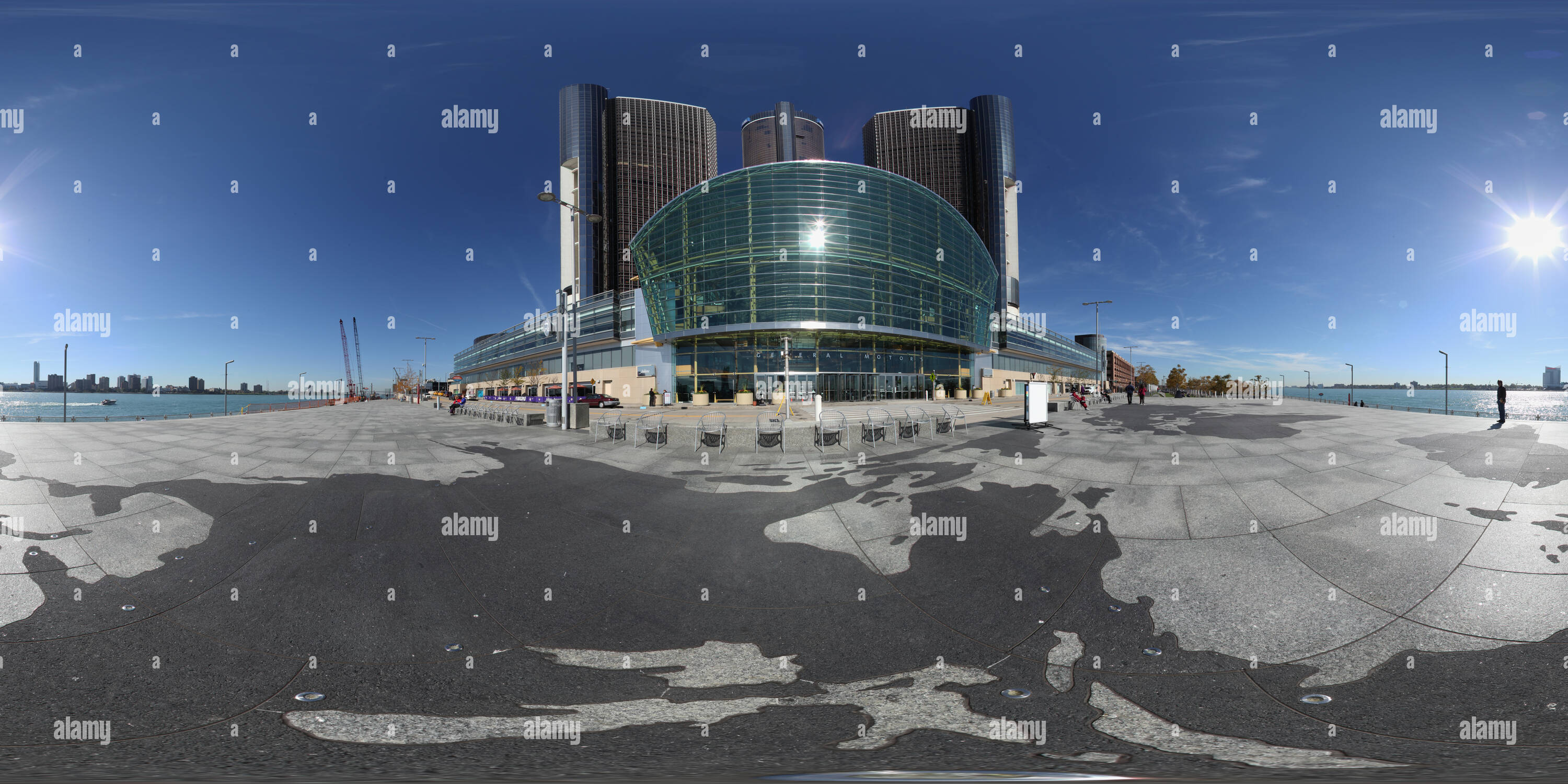 360 degree panoramic view of World Map at the GM Plaza/Detroit RiverWalk