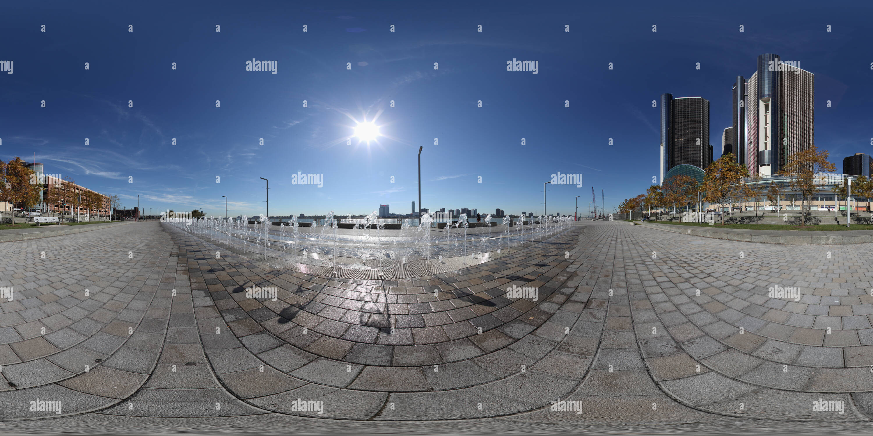 360 degree panoramic view of Fountains at the GM Plaza/Detroit RiverWalk