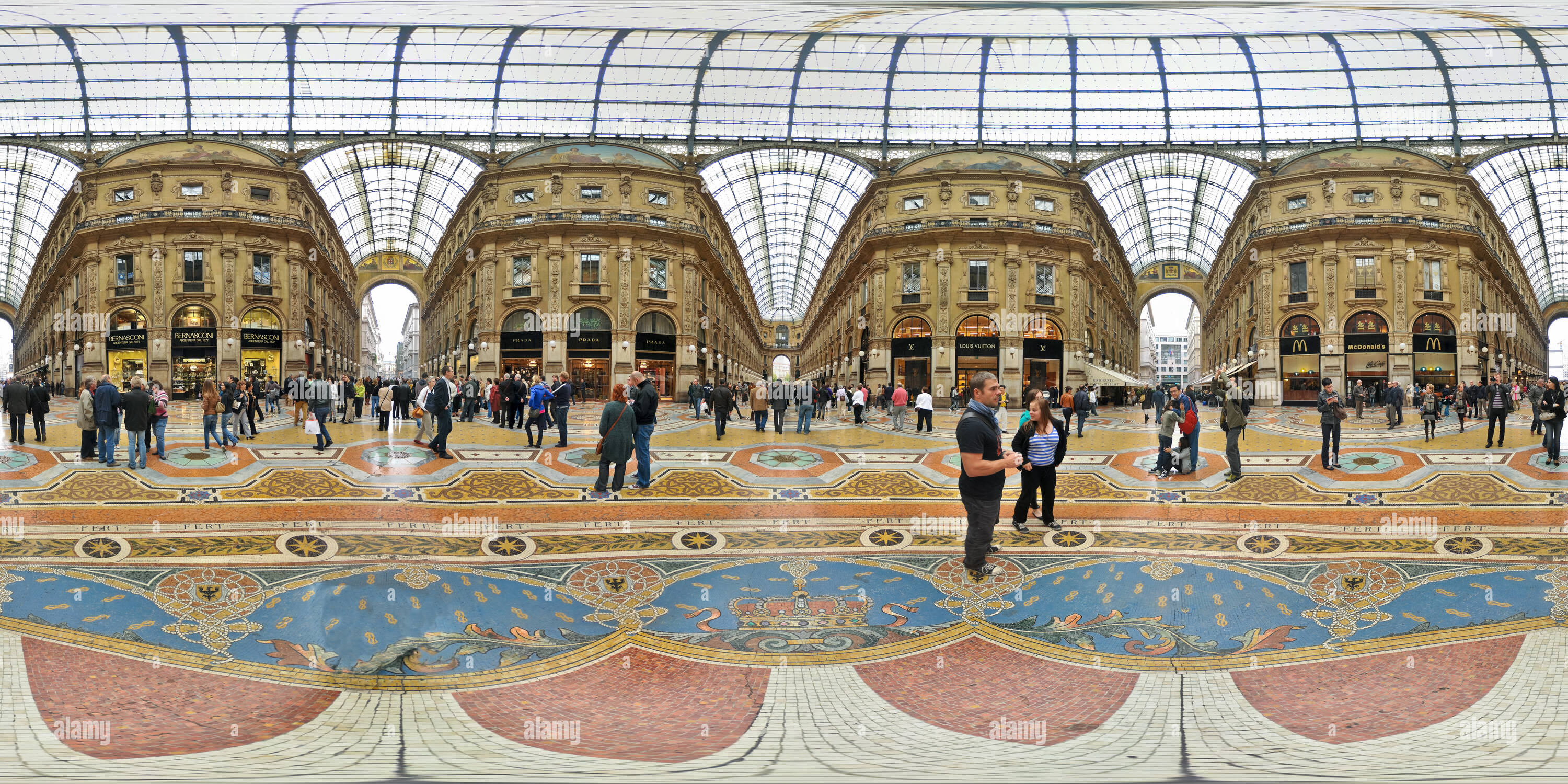 360 degree panoramic view of Galleria Vittorio Emanuele II, Milan, Italy