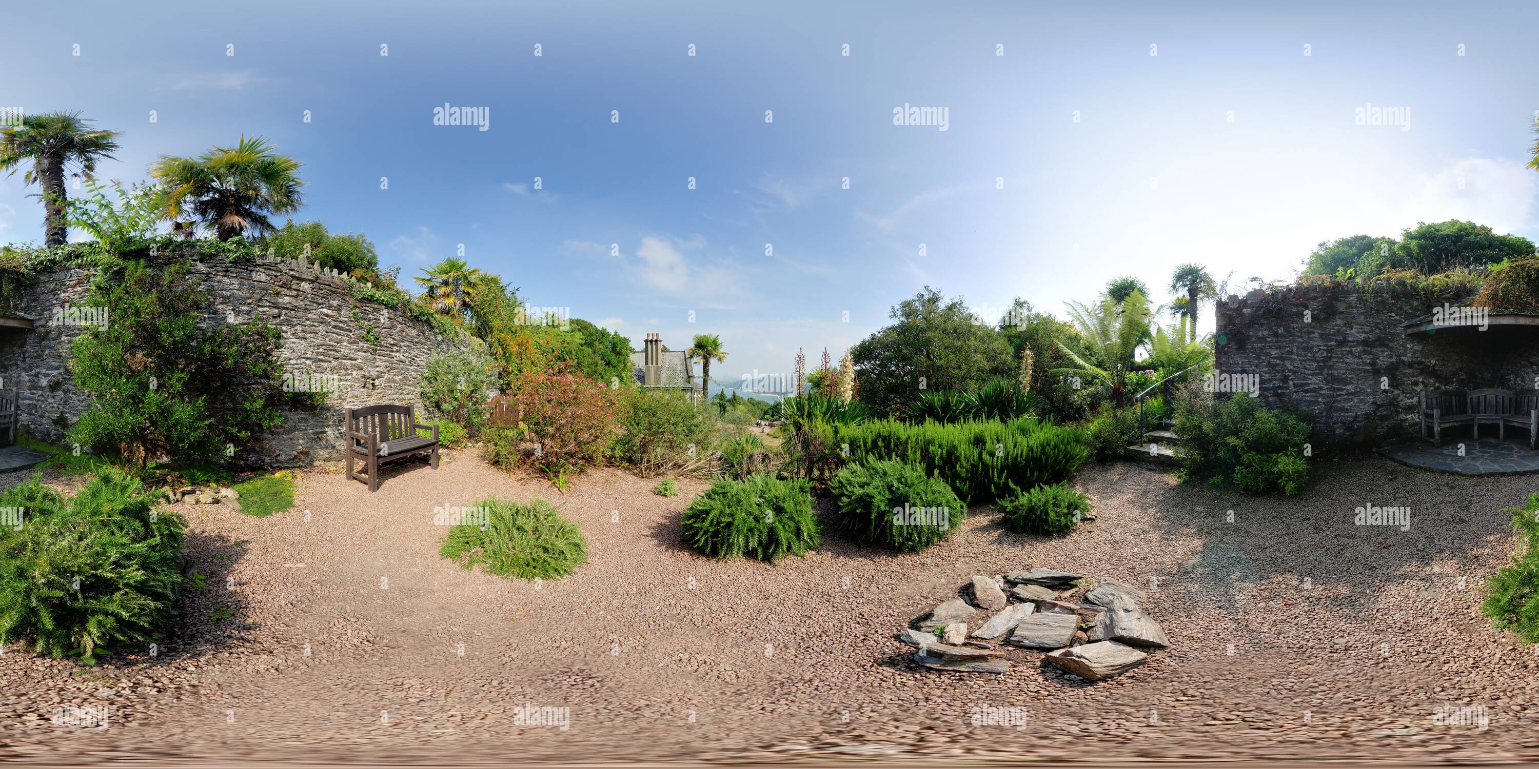 360 degree panoramic view of Overbeck's Garden and view of Kingsbridge Estuary, Solcombe