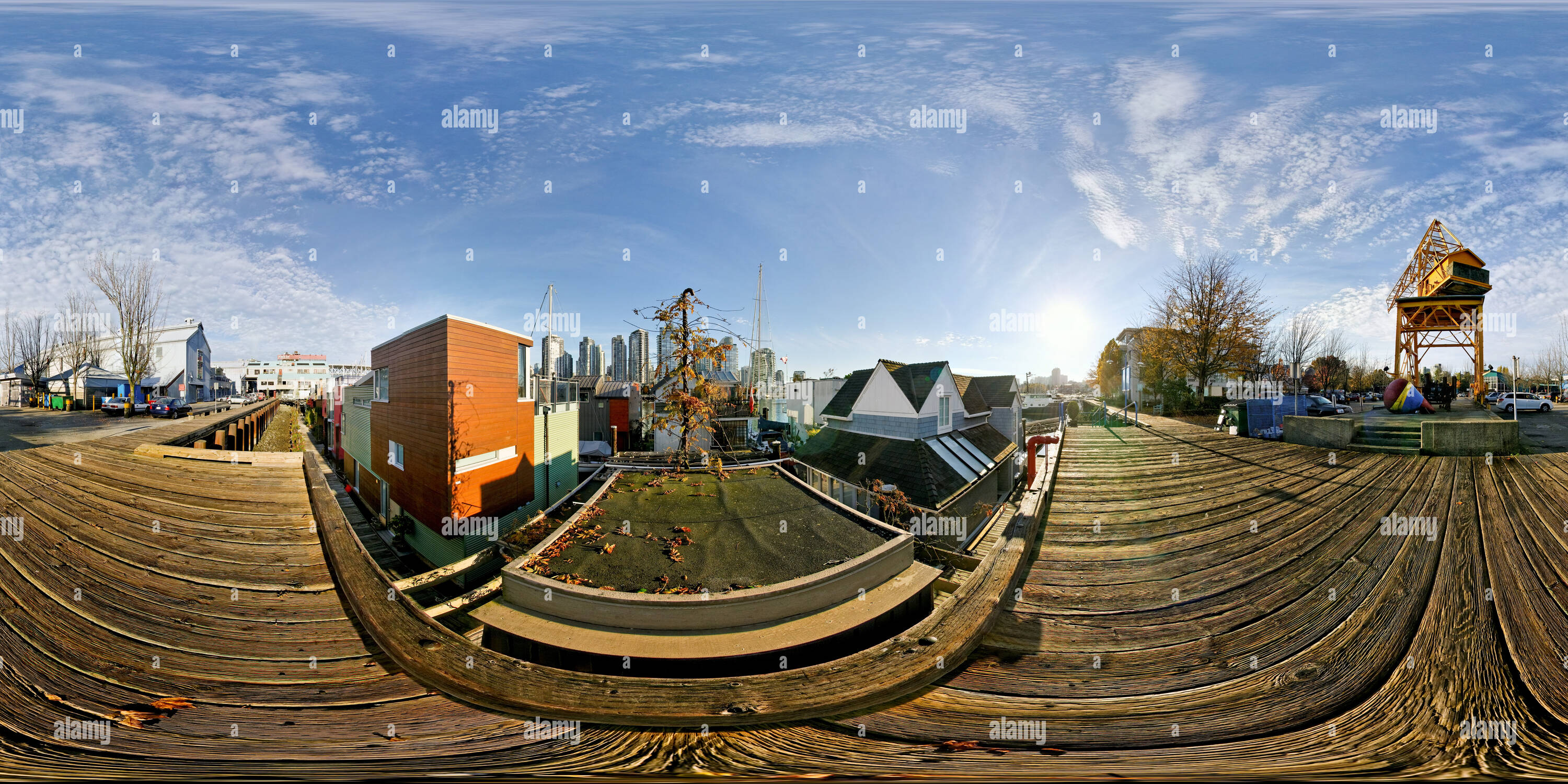 360 degree panoramic view of The Sea Village, Granville Island, Vancouver,  Canada