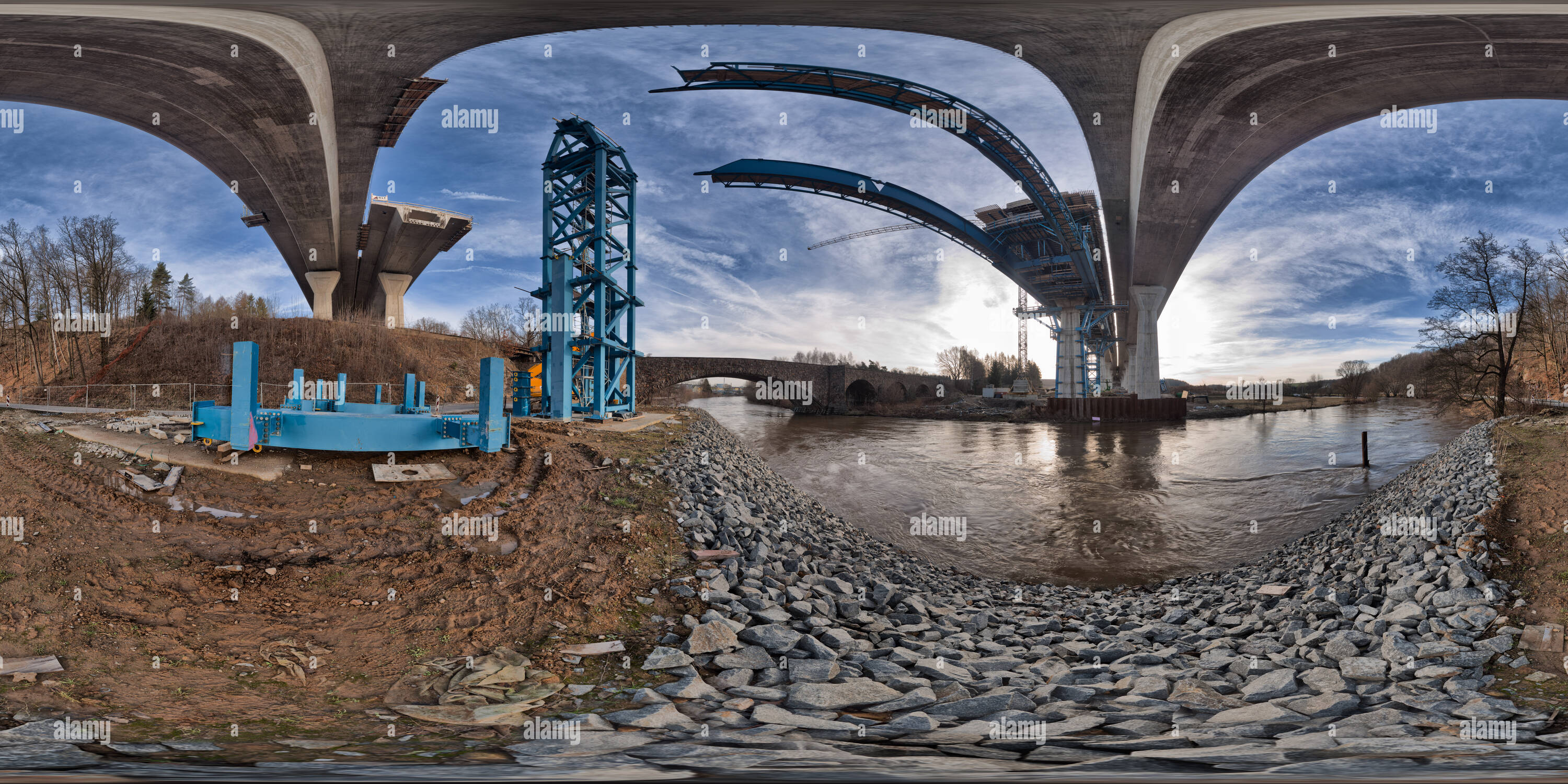 360 degree panoramic view of new highway-bridge over river Mulde near Penig/ Germany