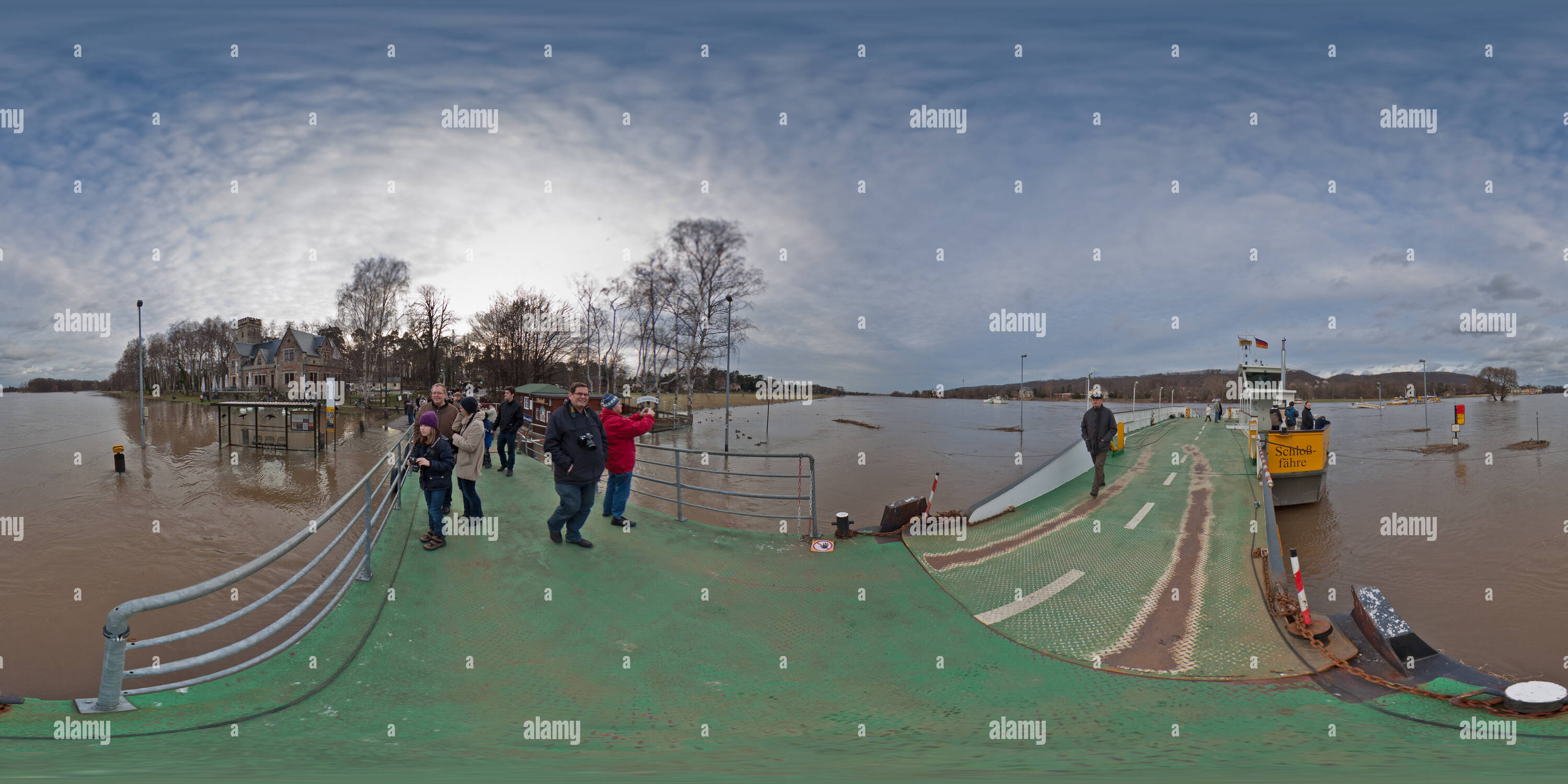 360 degree panoramic view of Ferry at river Elbe in Dresden Zschachwitz at flood January 2011