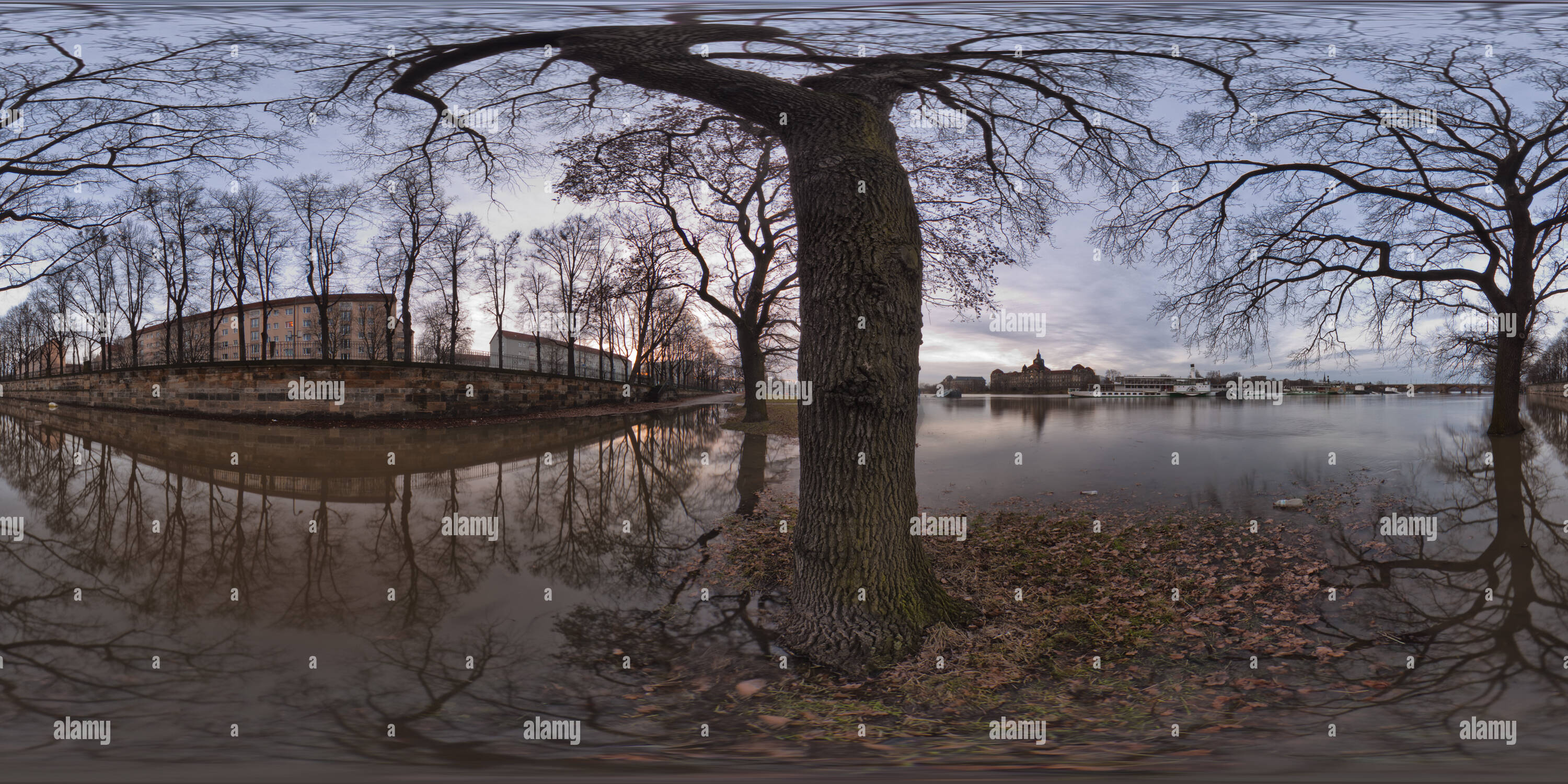 360 degree panoramic view of river Elbe in Dresden at flood January 2011