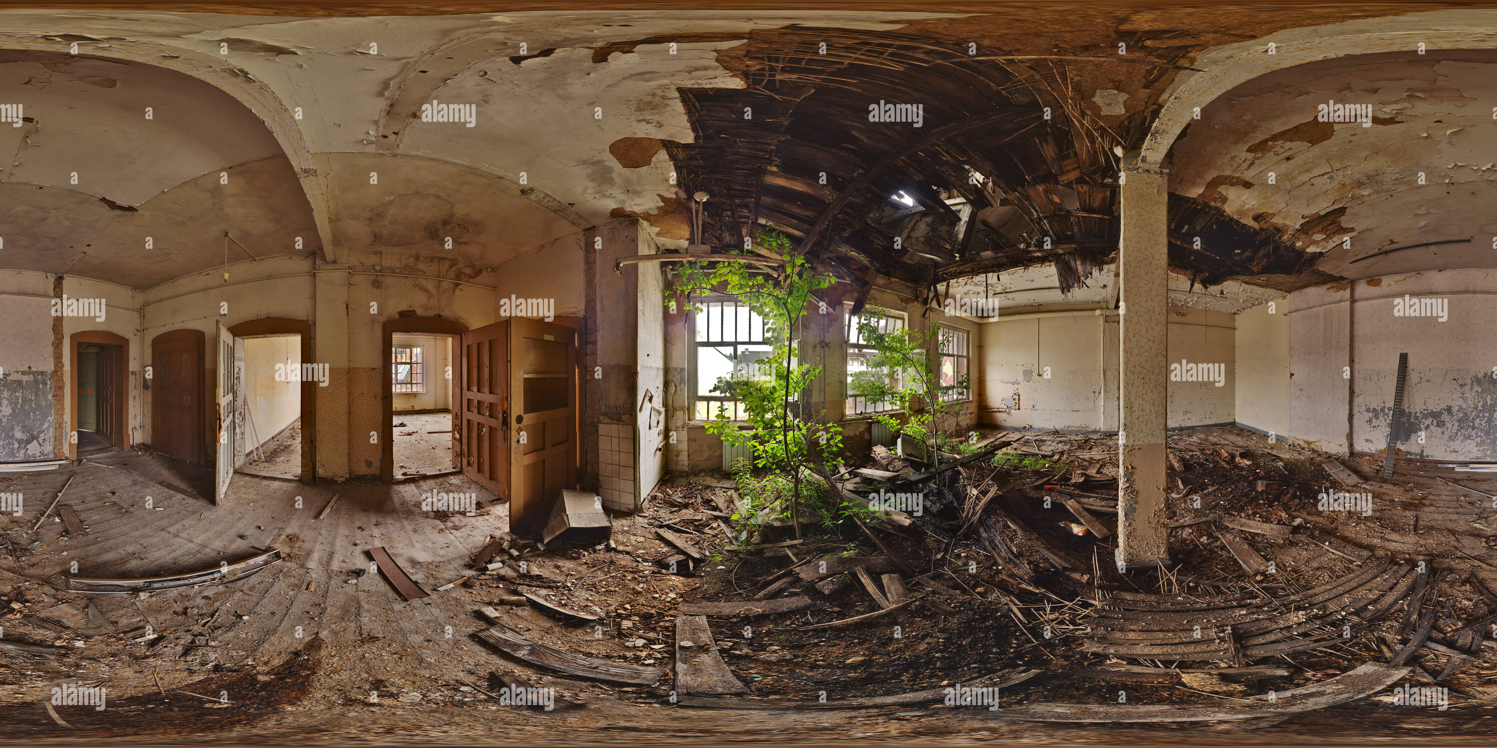 360 degree panoramic view of ruin of textile factory 'Berger' in Lichtenstein, saxony, germany