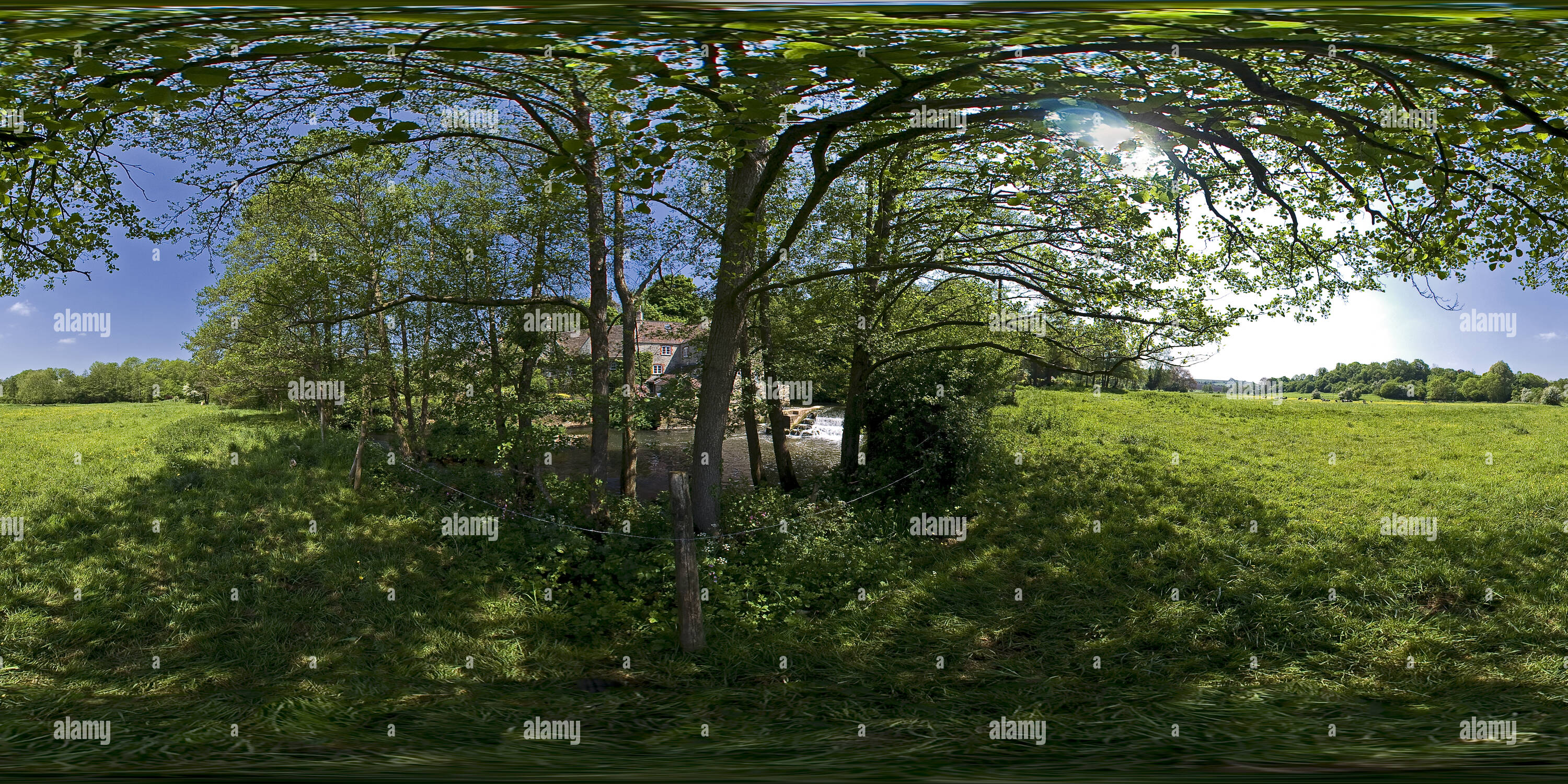 360 degree panoramic view of Watermill and  watermeadow in the Valley of the Nightingales at Midford, Somerset. VR