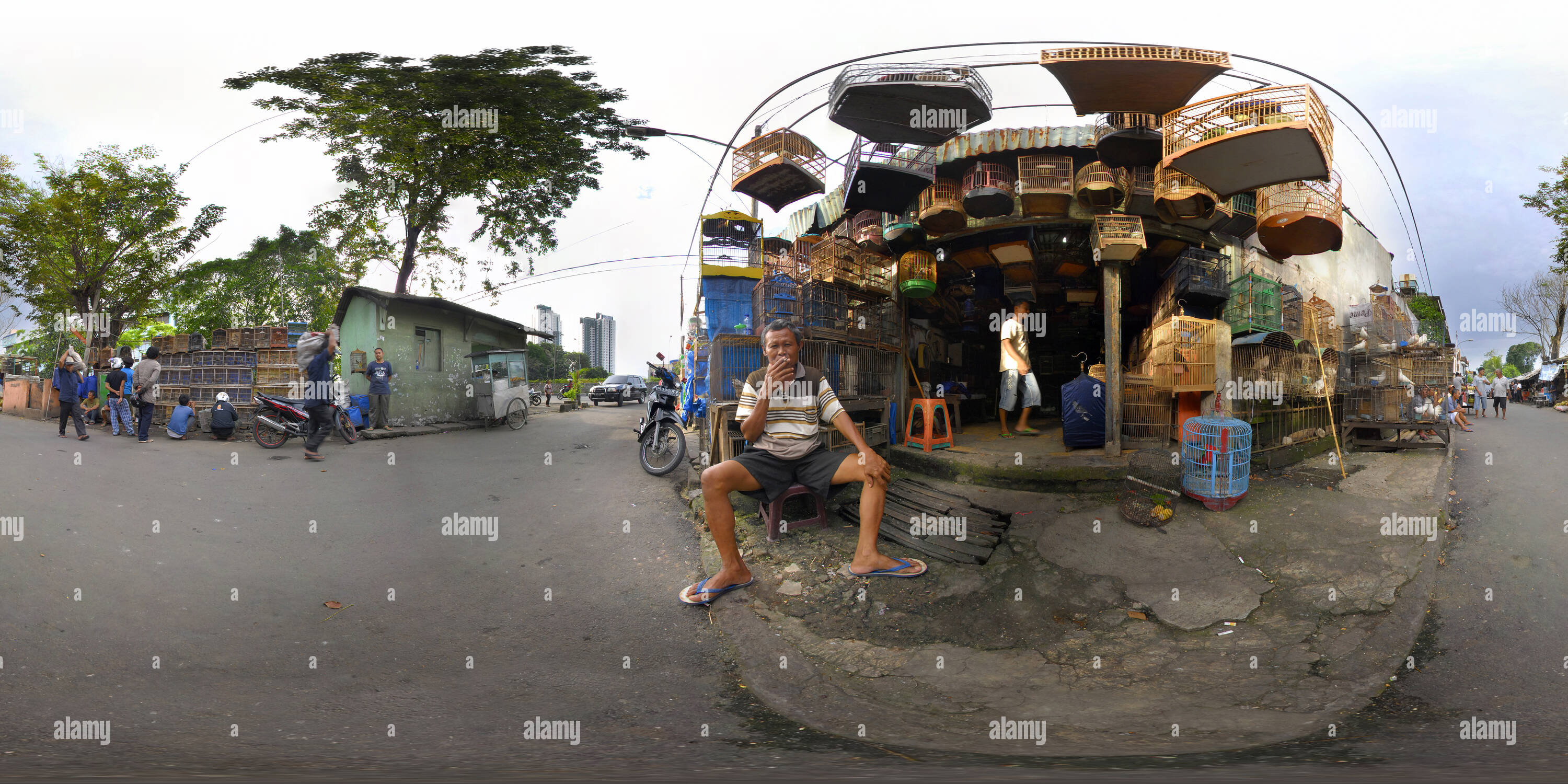 360 degree panoramic view of Taking a break, Pasar Pramuka, bird market, Jakarta