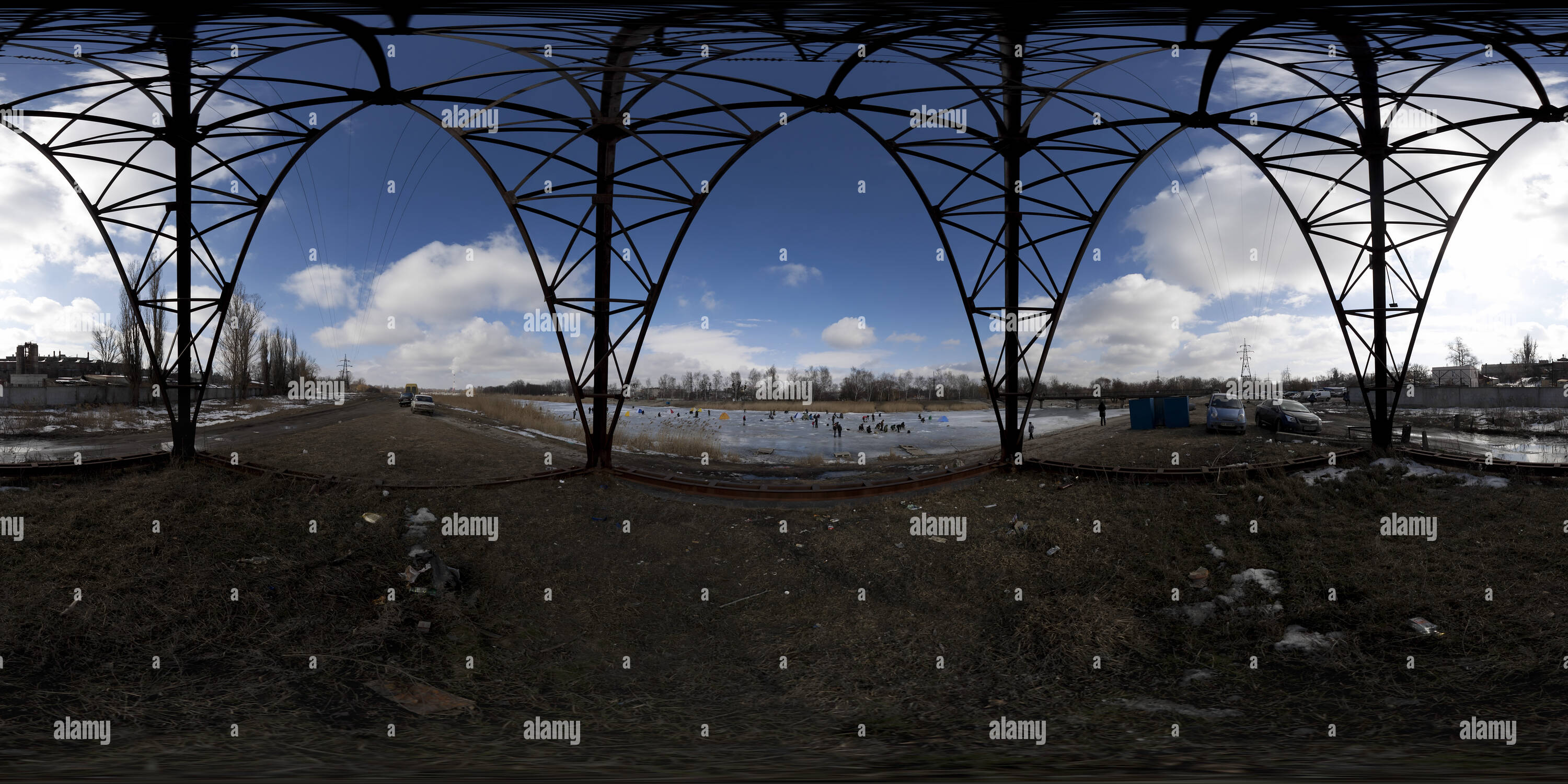 360 degree panoramic view of Winter fishing on the river Udy