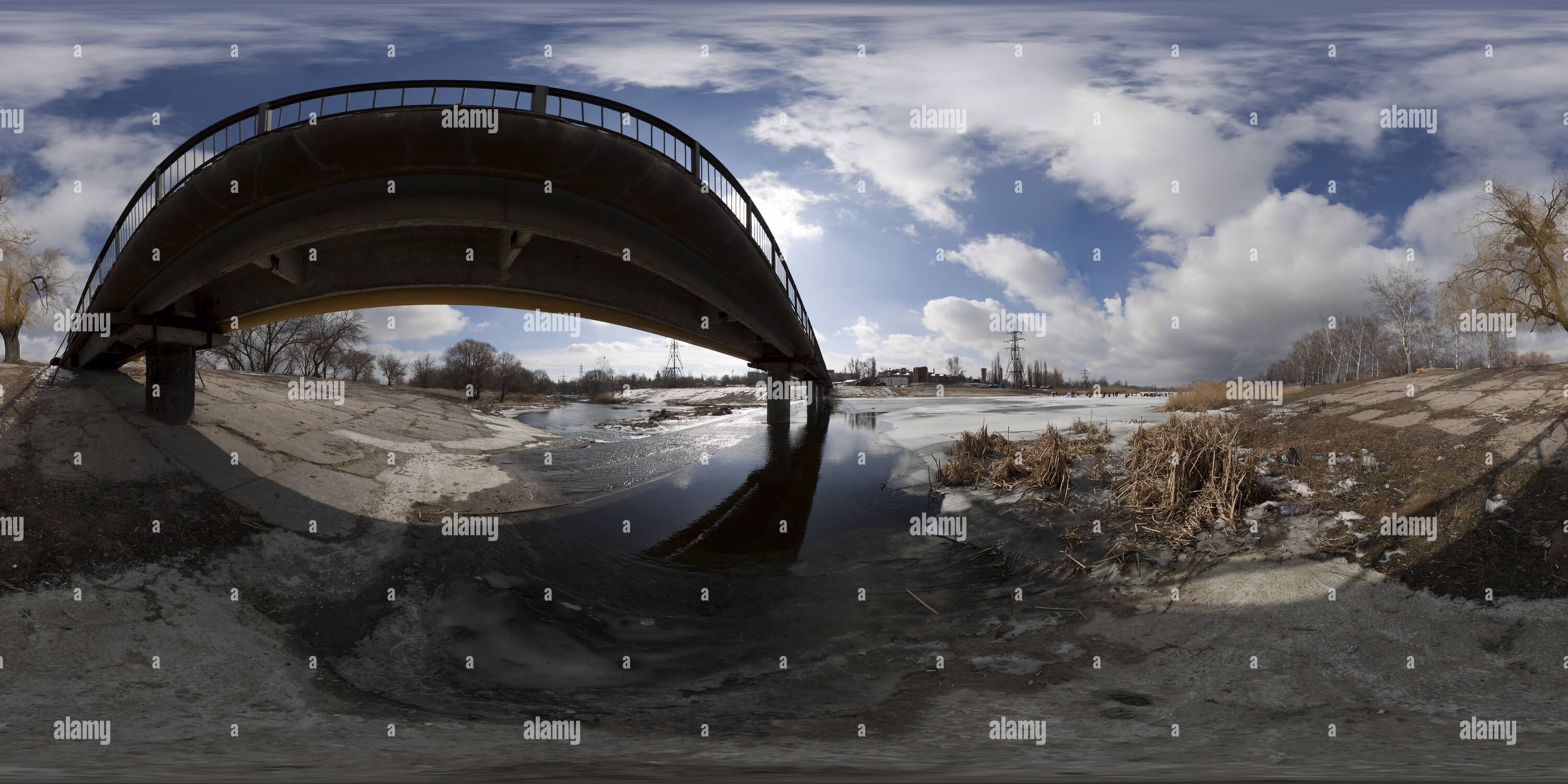 360 degree panoramic view of Bridge and dam on the river Udy