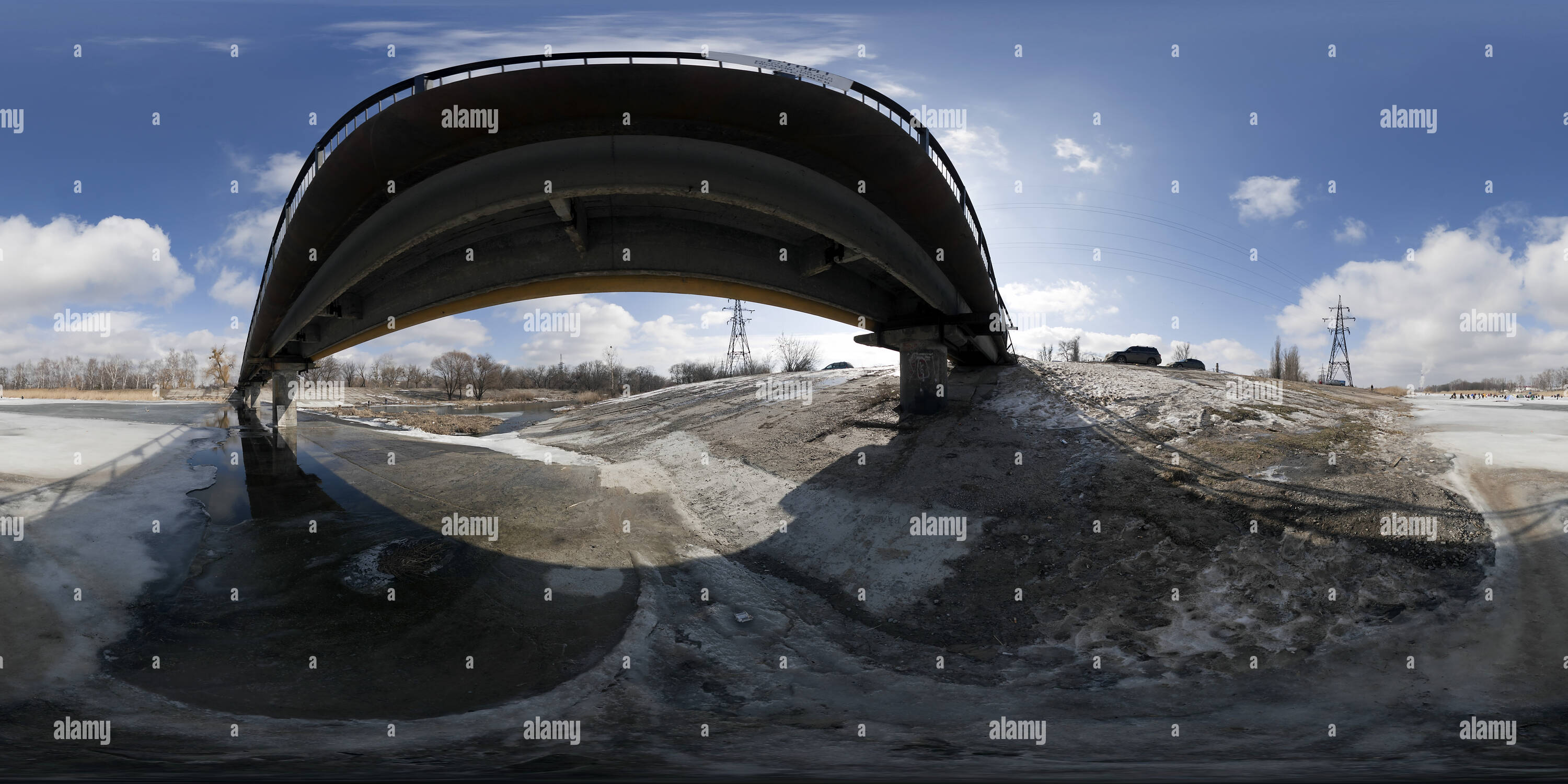 360 degree panoramic view of Bridge and dam on the river Udy