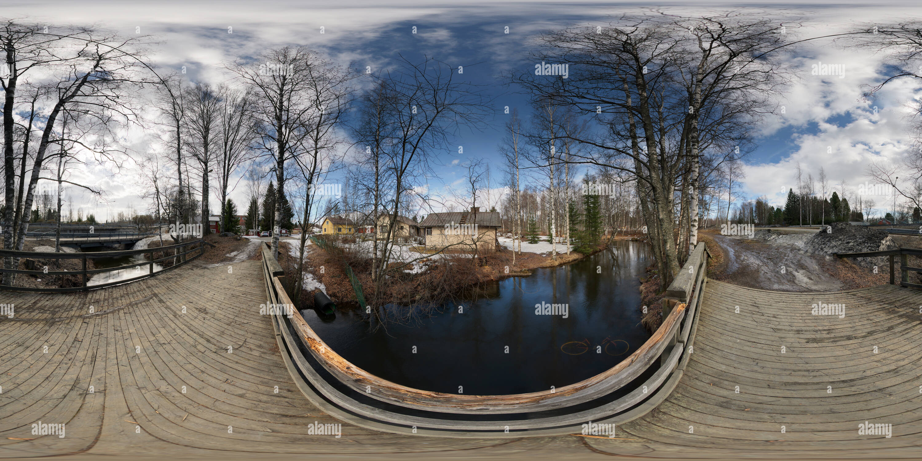 360 degree panoramic view of Wooden bridge over Siilinjoki