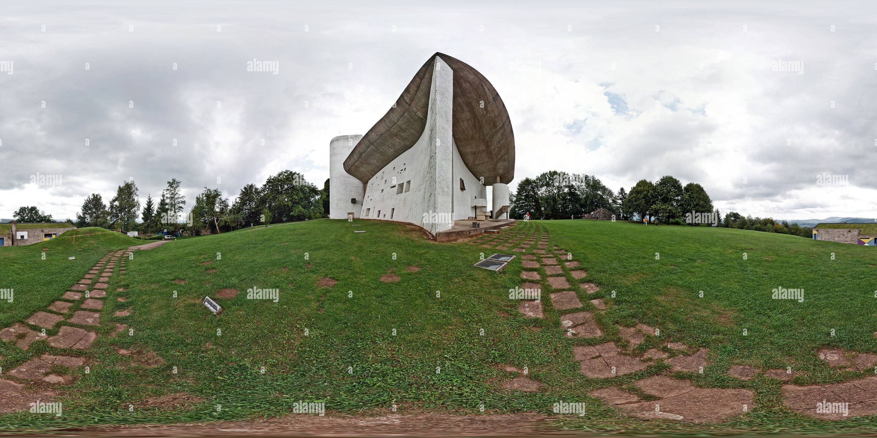 360 degree panoramic view of Ronchamp, Chapelle Notre Dame du Haut by Le Corbusier, View from the South-East