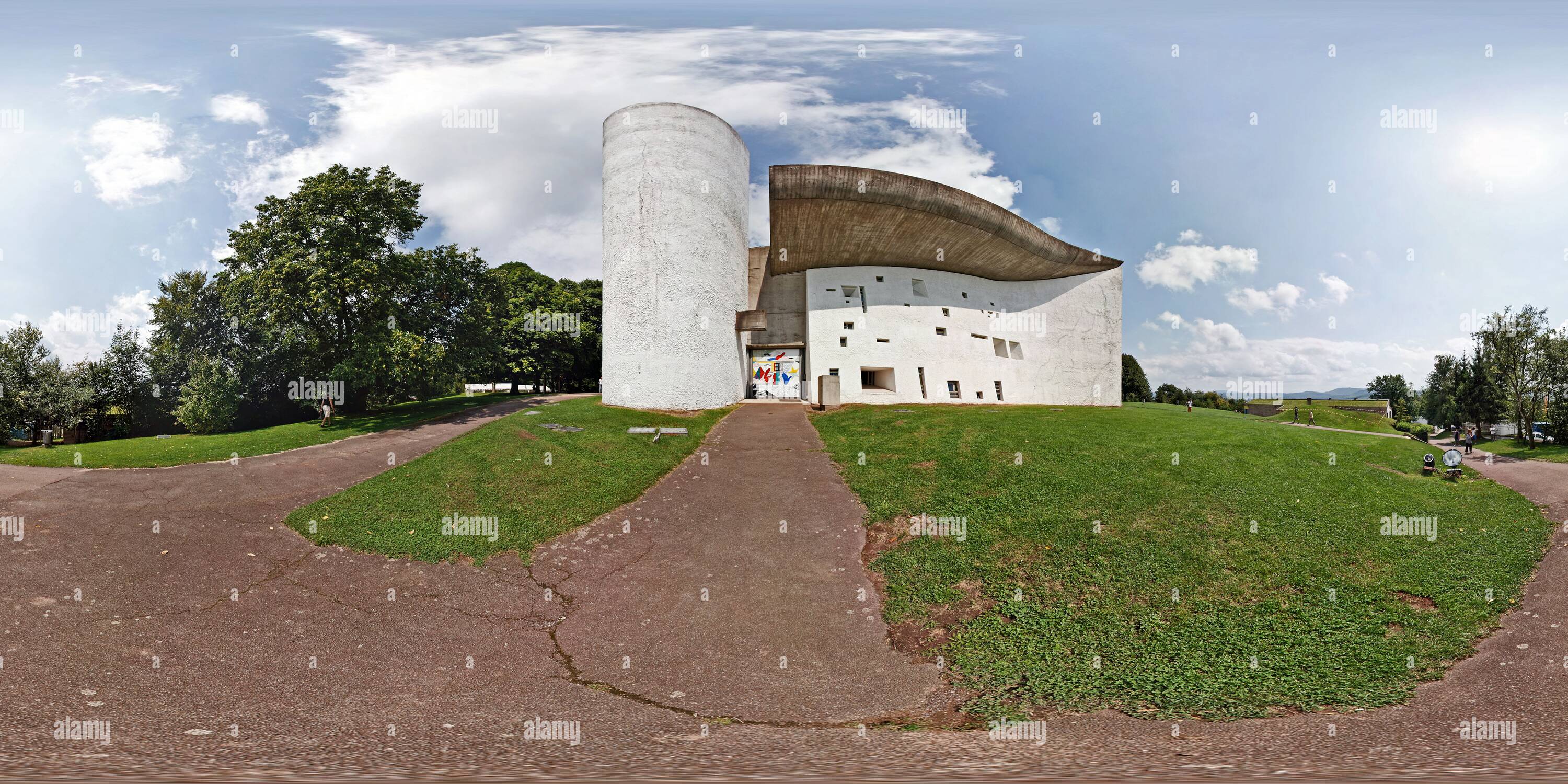 360 degree panoramic view of Ronchamp, Chapelle Notre Dame du Haut by Le Corbusier, Main Entrance